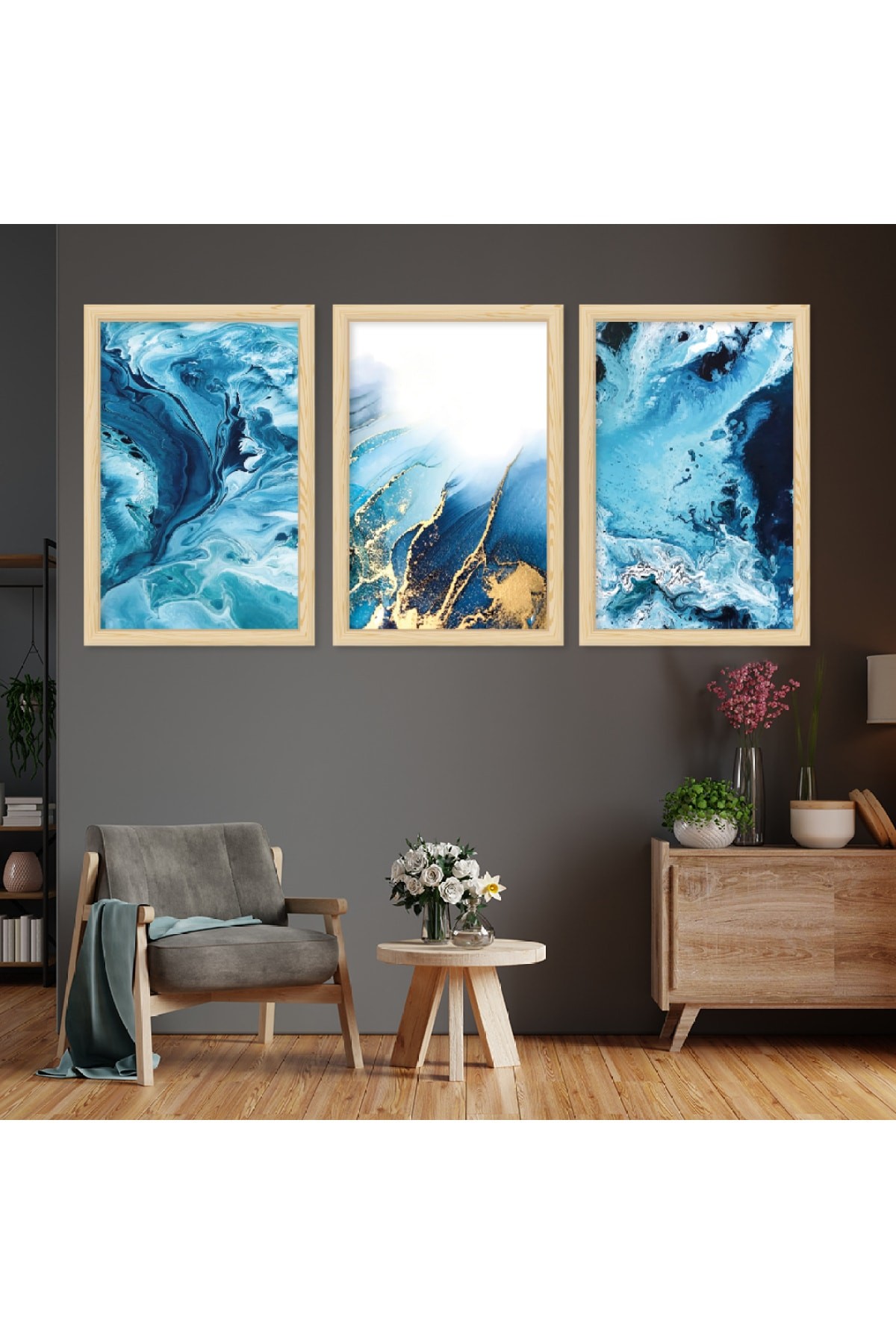 Minimalist Ahşap Çerçeveli Mavi Renk Modern Tablo