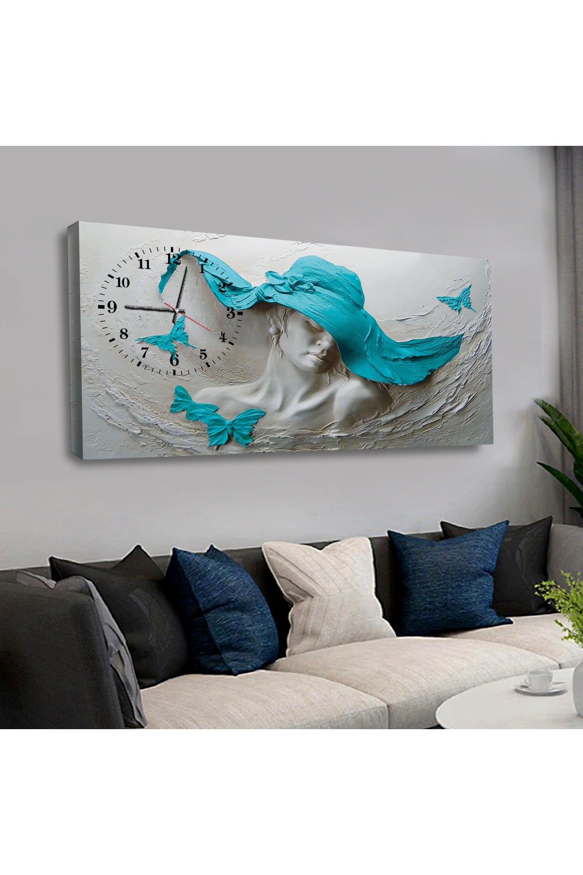 KANVAS BEYAZ ARKA PLANLI MAVİ ŞAPKALI HEYKEL SANAT VE MAVİ KELEBEKLER SAATLİ TABLO