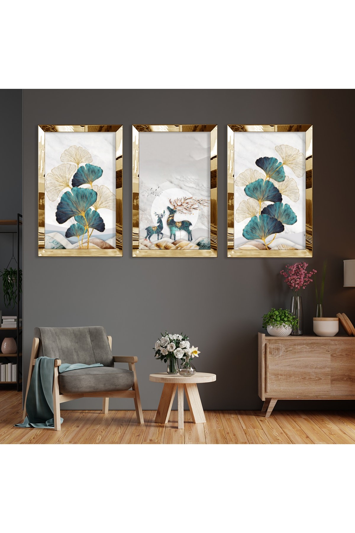 Duvar Sanatı Minimalist Soyut Desen Gold Pleksi Kenar 3'Lü Solmaz MDF Tablo