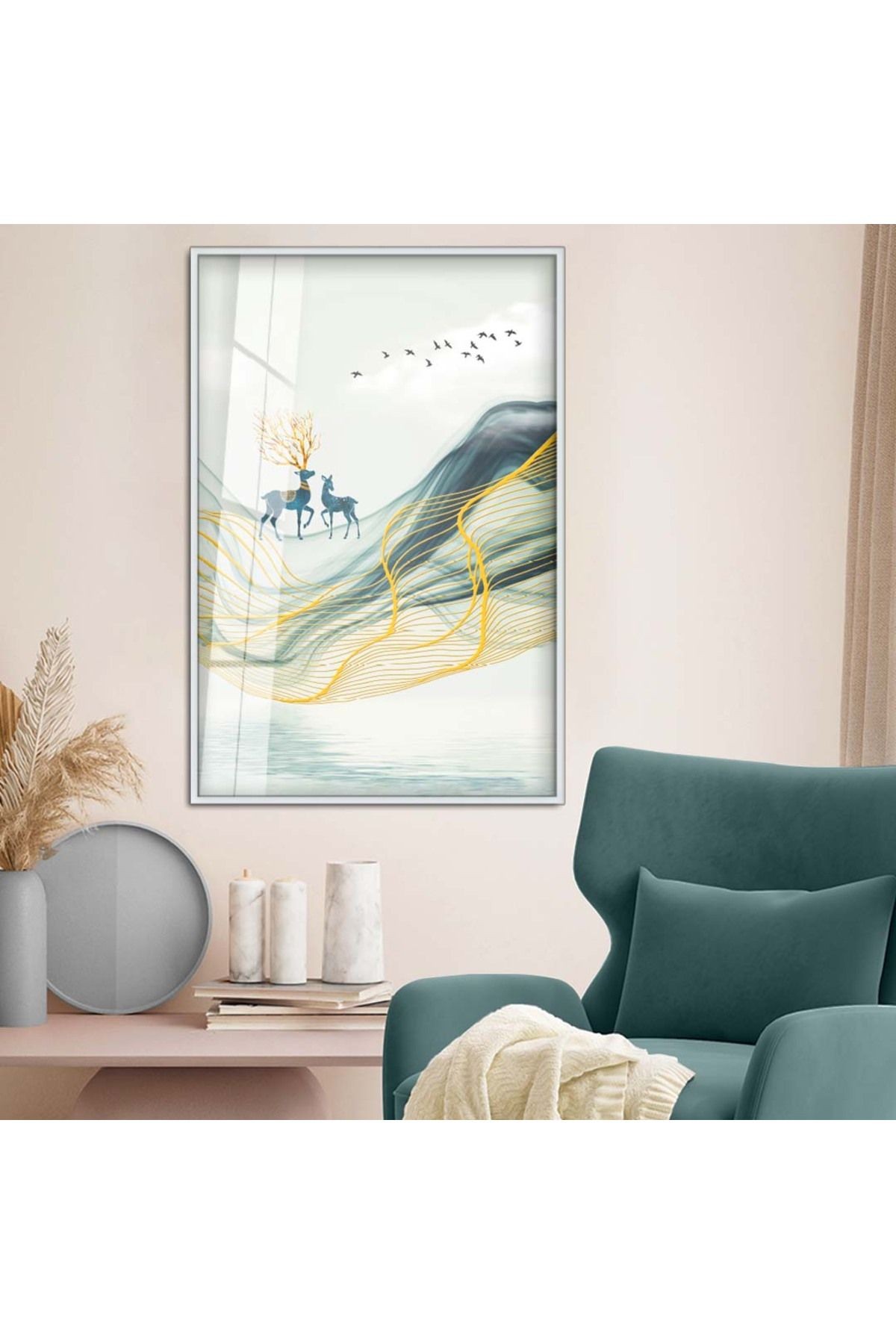 Gümüş Metal Çerçeveli Modern Çizim Soyut Tema Kırılmaz Cam Tablo