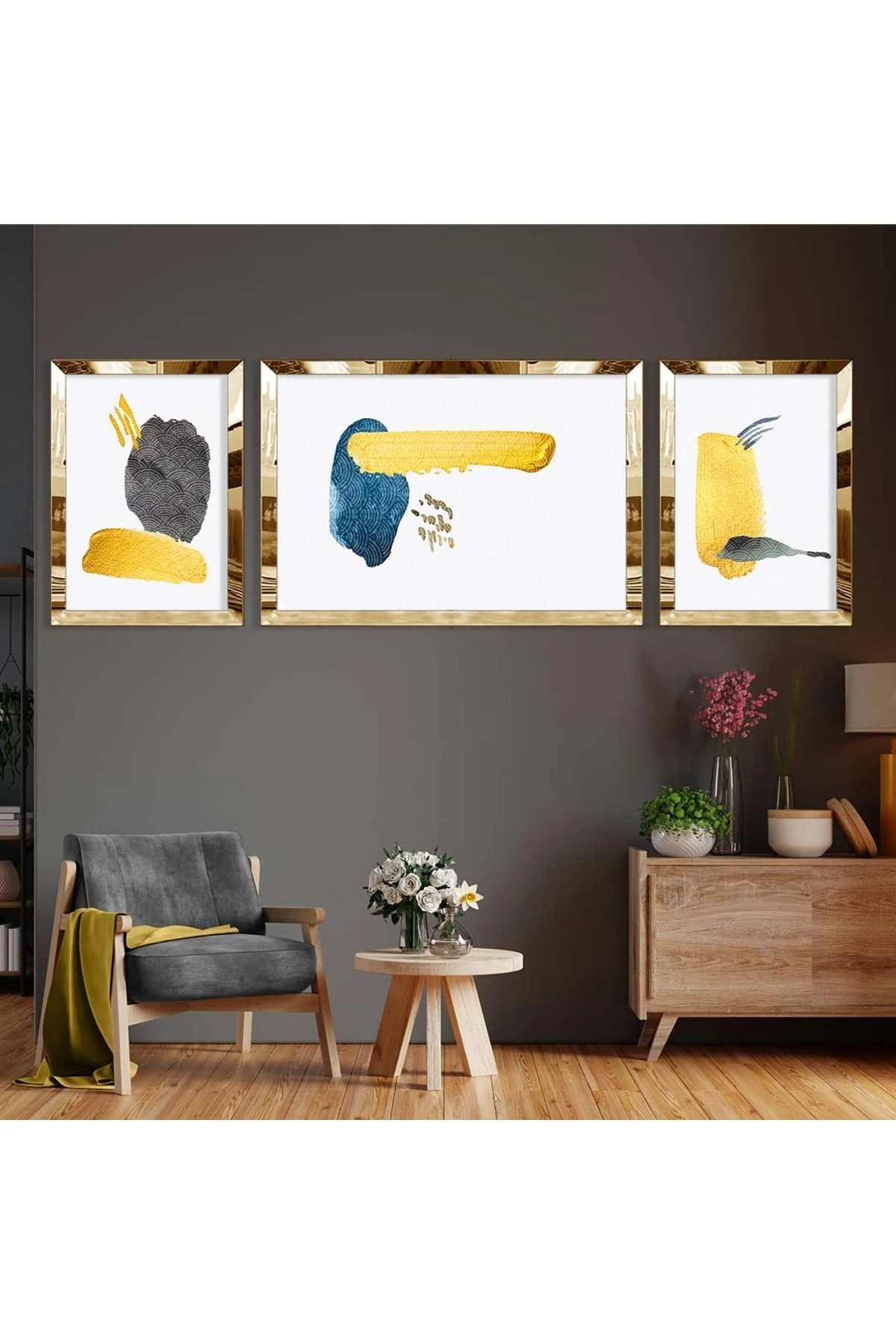 Gold Aynalı Pleksi Çerçeveli Üçlü Beyaz Arka Planlı Gold Ve Mavi Desenli Mdf Tablo Seti