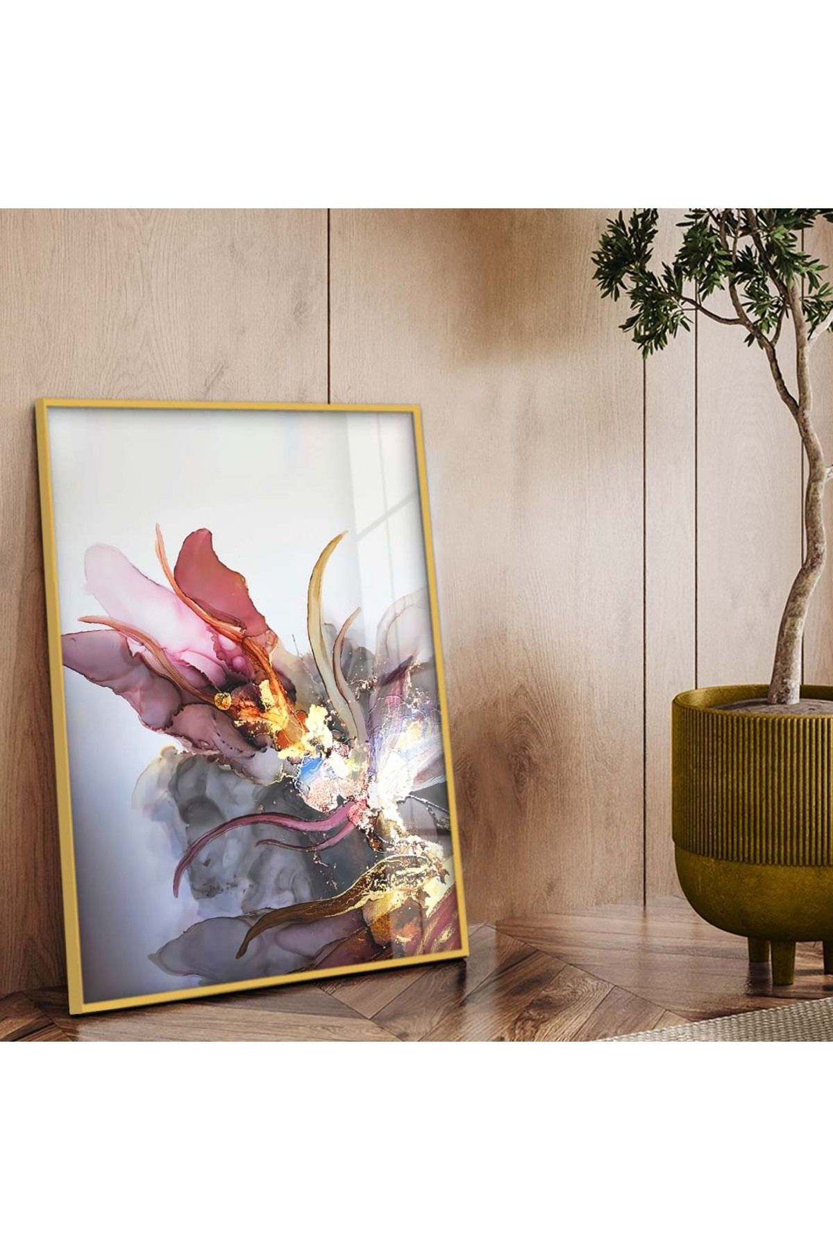 Gold Metal Çerçeveli Renkli Çiçek Modern Çizim Kırılmaz Cam Tablo