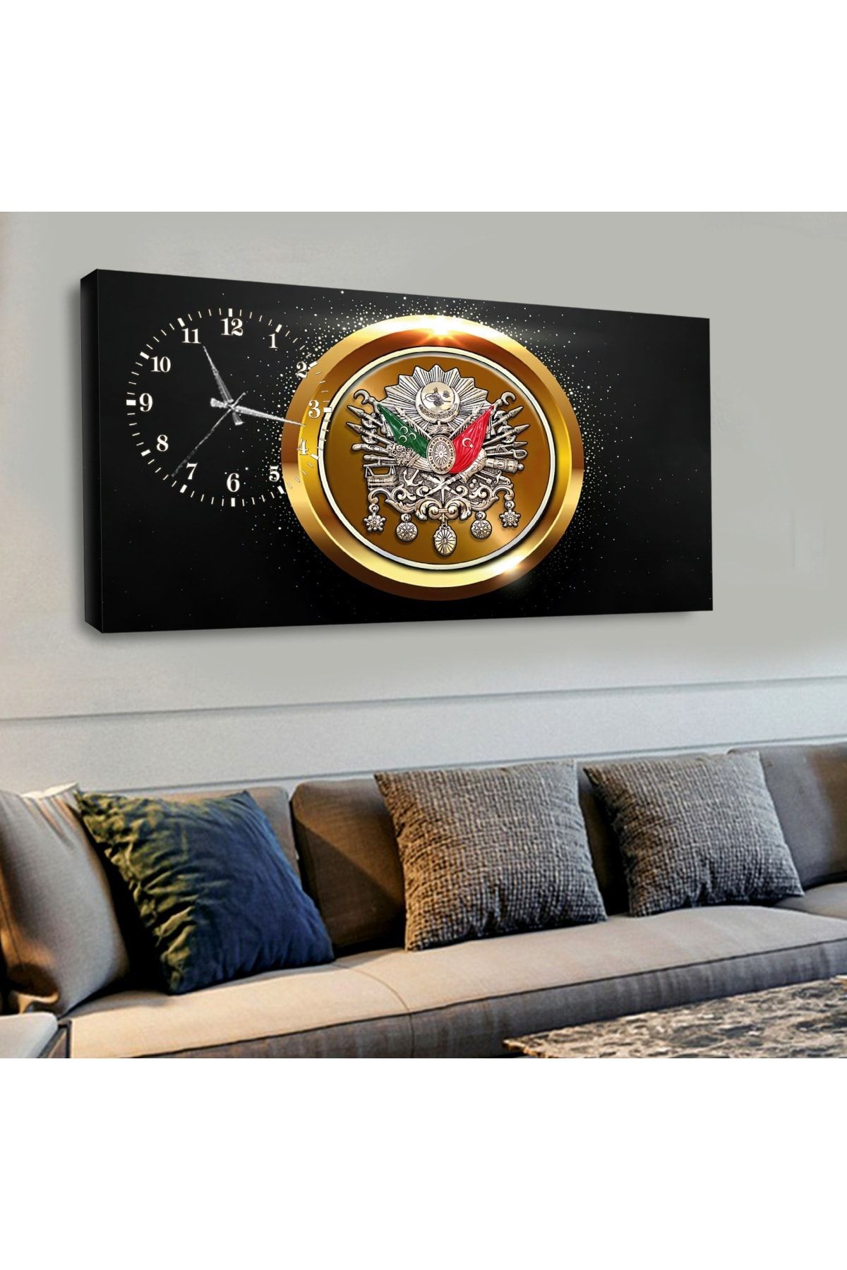120x60 Saatli Osmanlı Tuğrası Kanvas Tablo