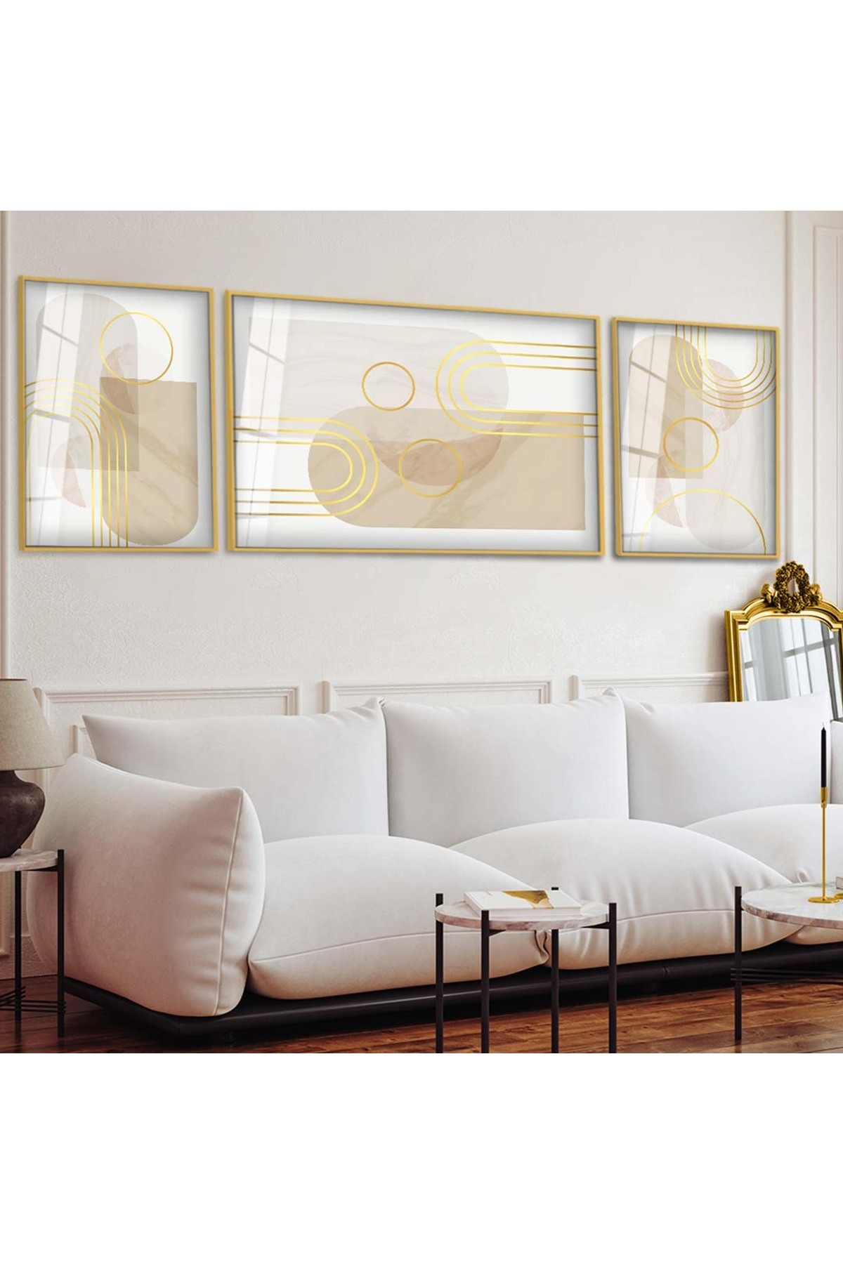 Duvar Sanatı Modern Tablo Çizim Soyut Desen 3'Lü Metal Çerçeveli UV Baskı Kırılmaz Cam Tablo