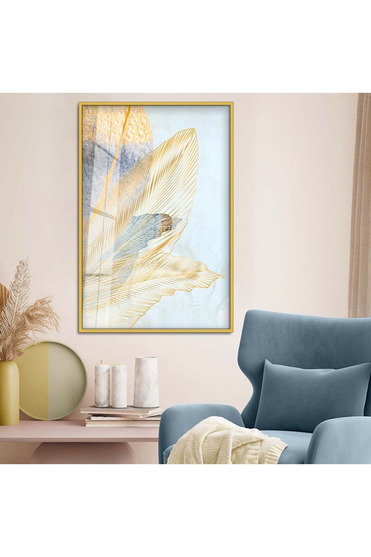 Gold Metal Çerçeveli Modern Çizim Yaprak Desen Kırılmaz Cam Tablo