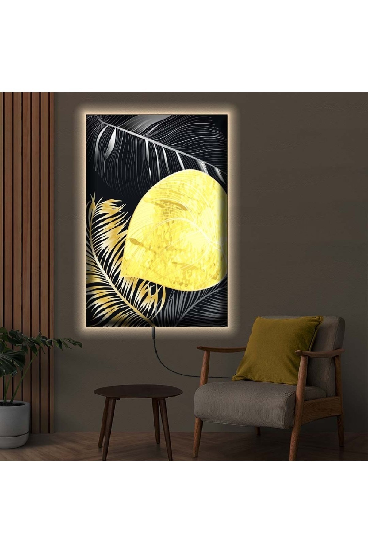 Huzur Ledli Soyut Desen Çiçek Ahşap Şase Dijital Baskı Kanvas Tablo 70X100Cm