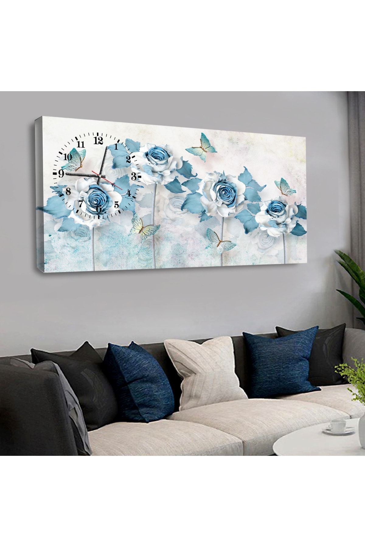 120 X 60 Saatli Kanvas Beyaz Çiçek Tablo