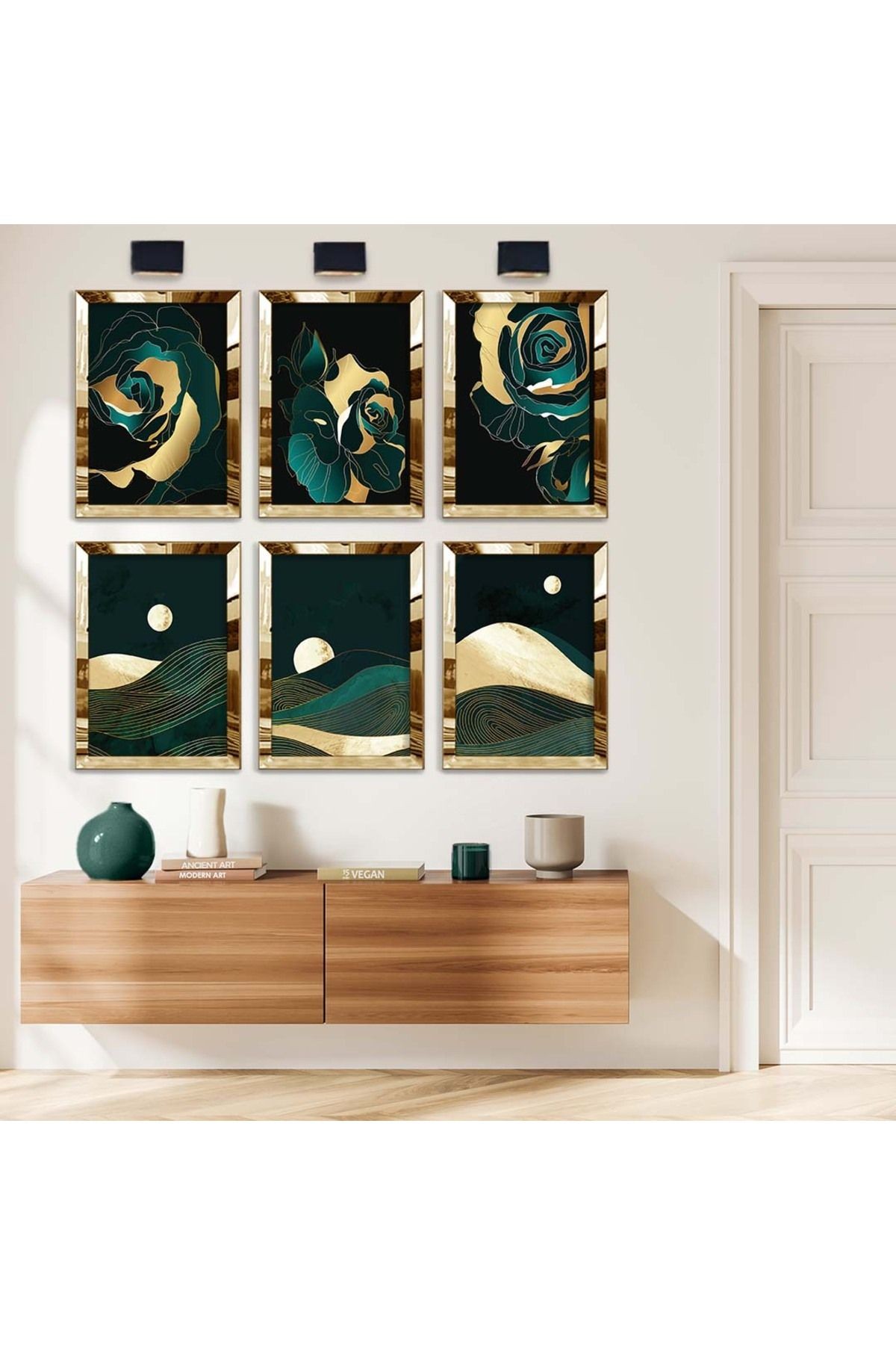 GOLD ÇİÇEK DESEN VE KOLAJ ÇİZİM 6'LI PLEKSİ KENAR MDF TABLO SETİ