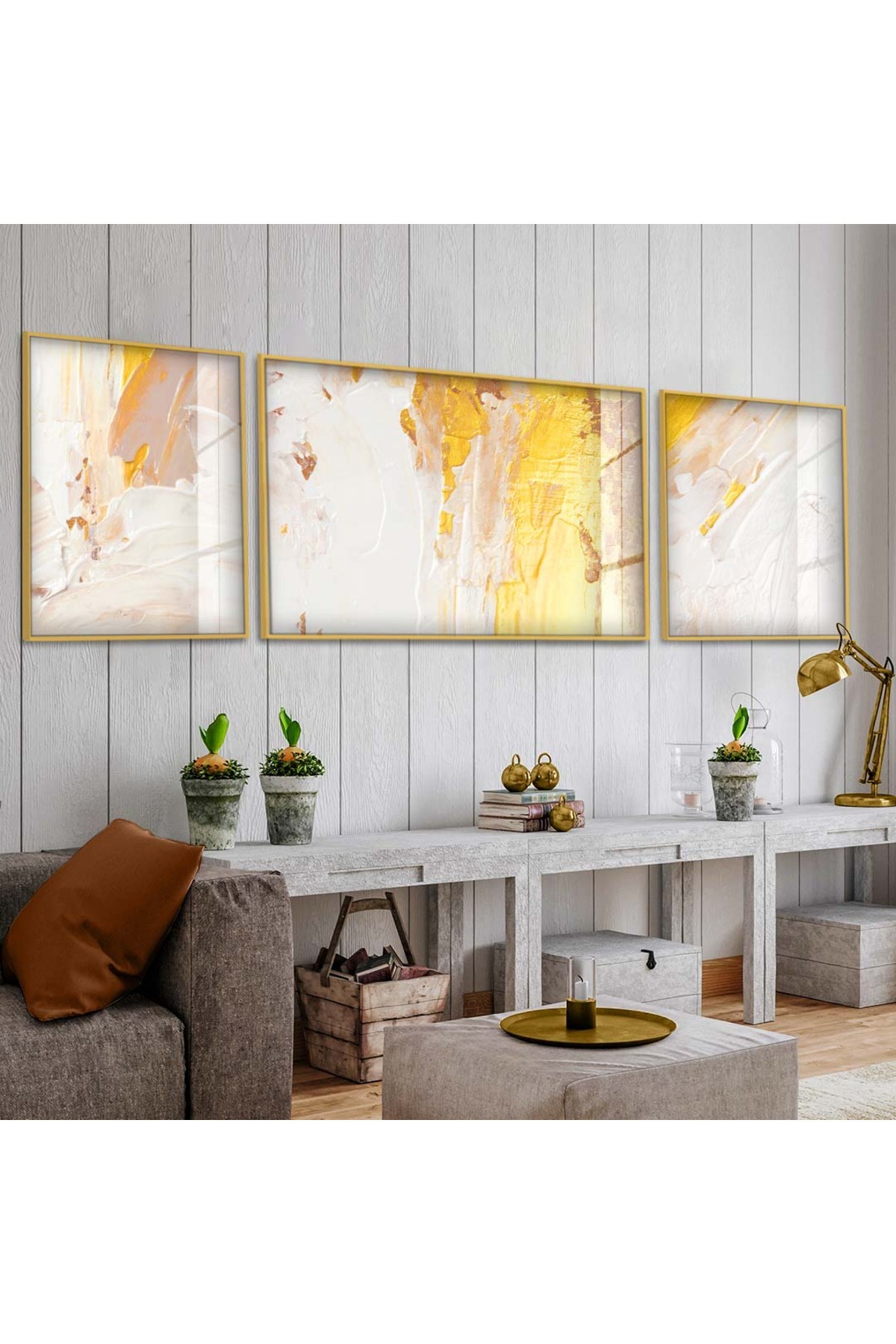 Minimalist Tasarım Çizim Soyut Desen 3'Lü Metal Çerçeveli UV Baskı Kırılmaz Cam Tablo