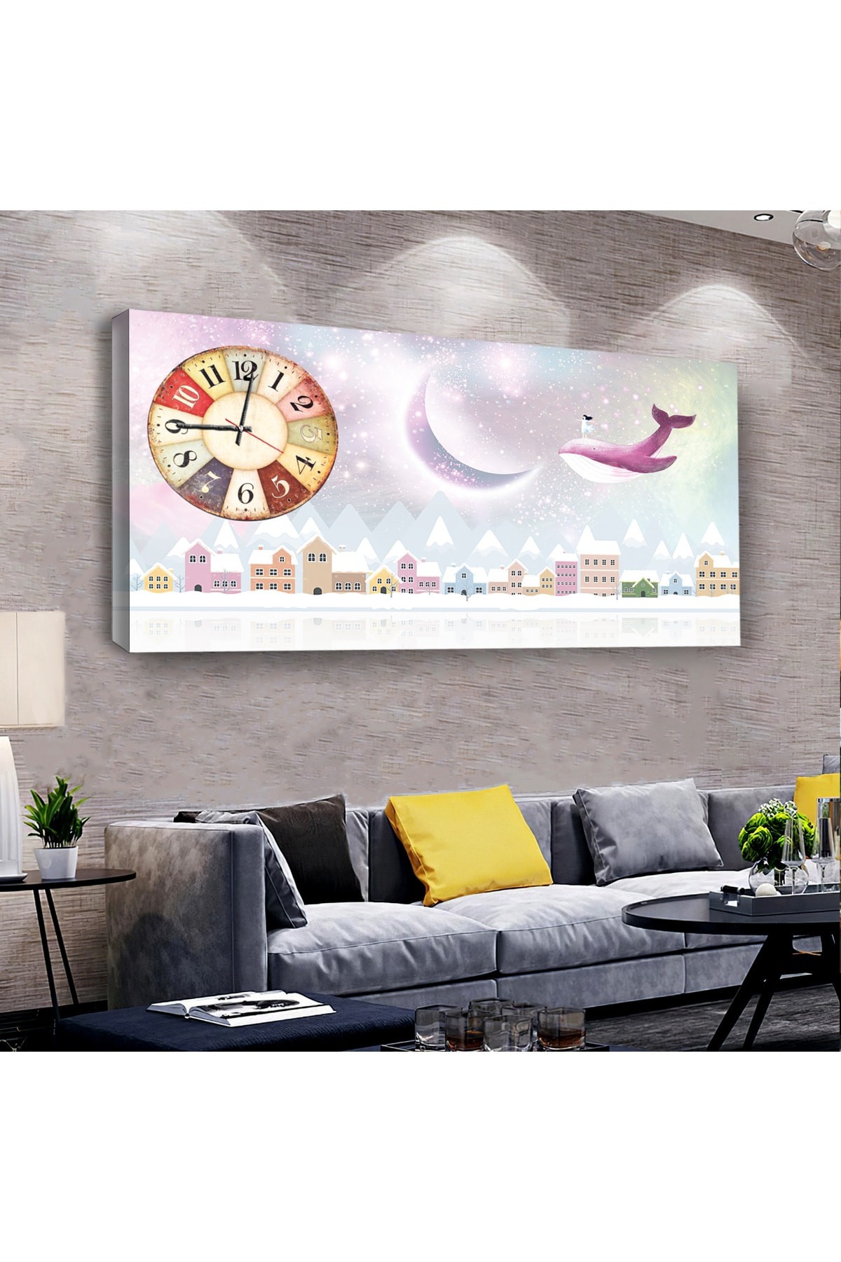 Oturma Odası Tablosu Kız Çocuğu Odası saatliDijital Baskı Kanvas Tablo 100X50Cm