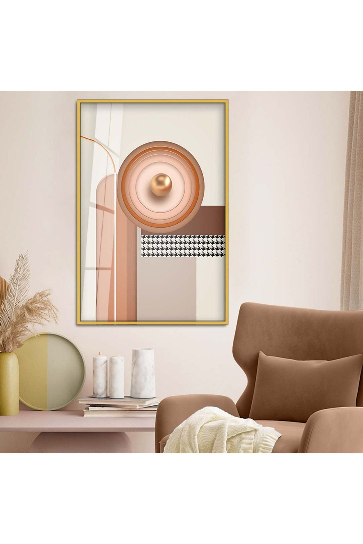 Gold Metal Çerçeveli Geometrik Çizim Soyut Tema Kırılmaz Cam Tablo