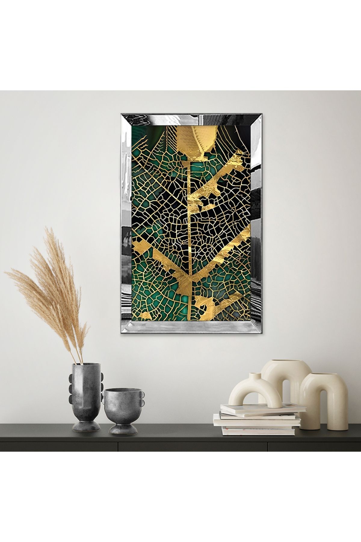 Gümüş Aynalı Pleksi Çerçeveli Minimalist Siyah Altın Sarısı Yaprak Desenli Soyut Çizim Mdf Tablo