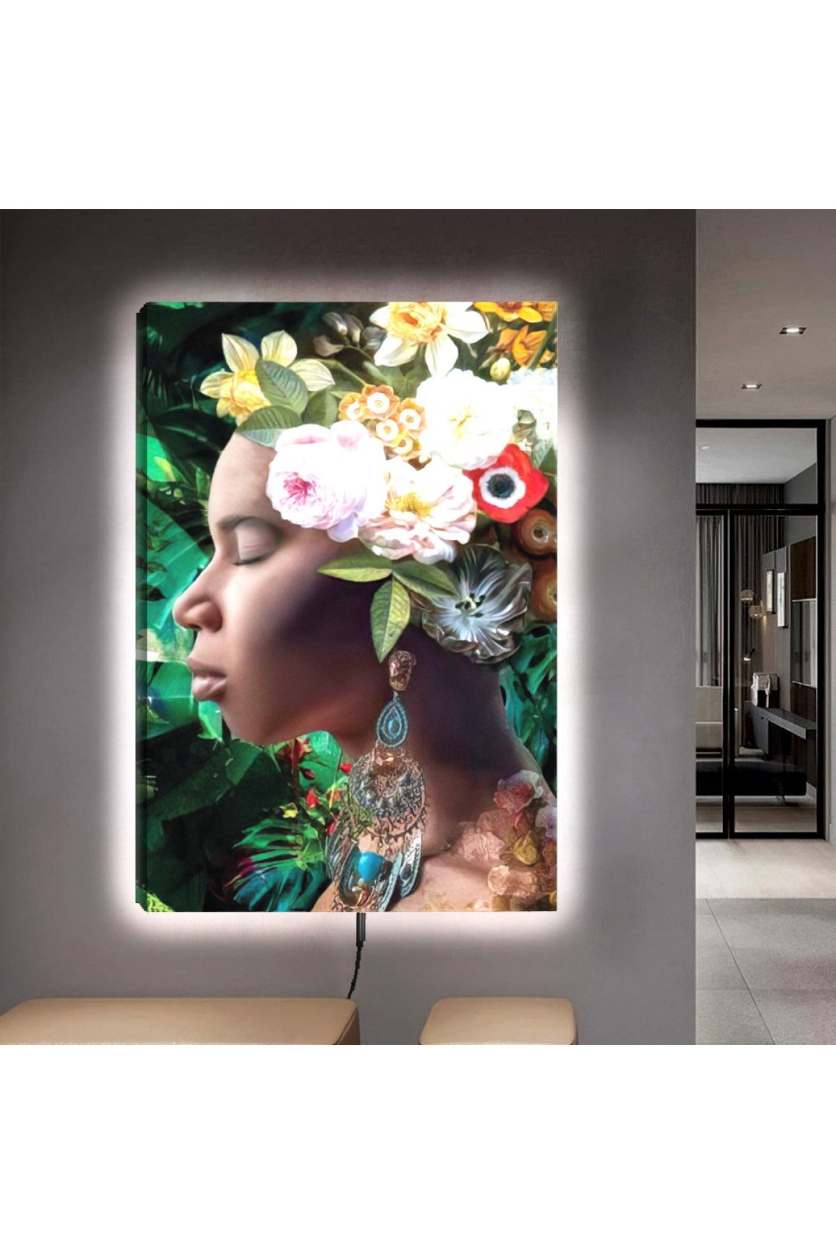 Ledli 90x60 Afrikalı Genç Kadın Kanvas Tablo