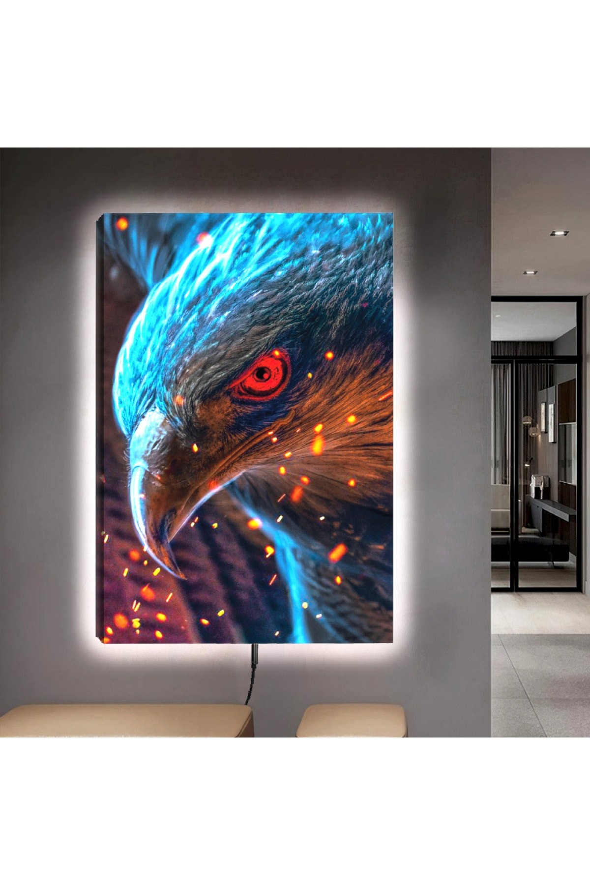 Ledli Şahin Ahşap Şase Dijital Baskı Kanvas Tablo 90X60Cm
