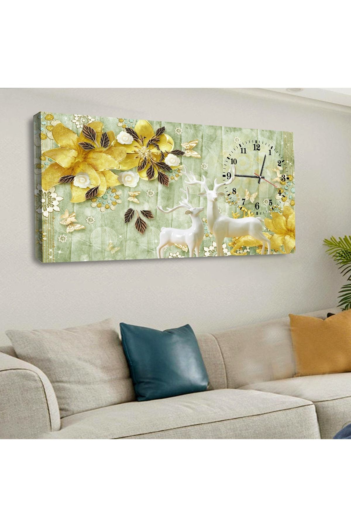 120 X 60 Saatli Kanvas Geyik Tablo
