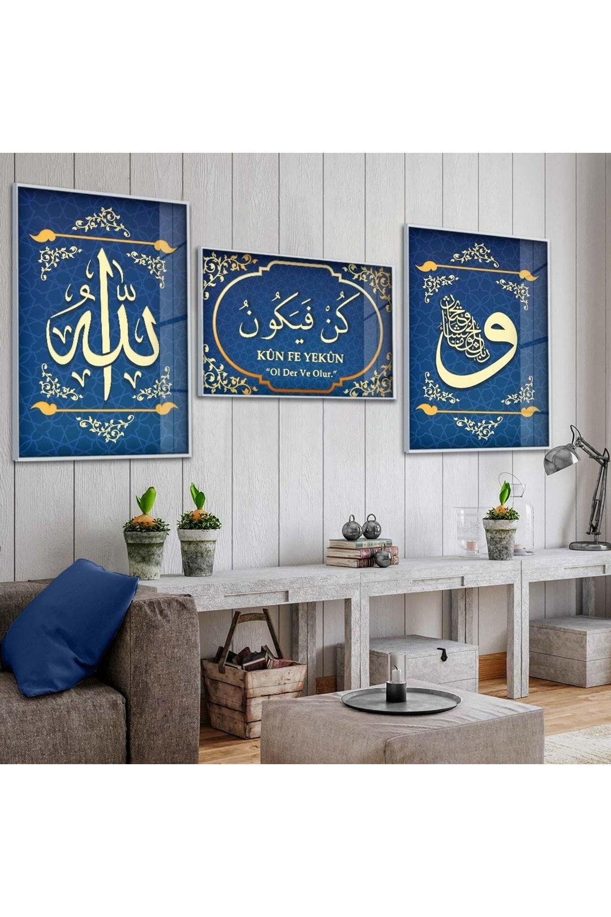 Gold Metal Çerçeveli Kün Fe Yekün Dini Üçlü Kırılmaz Cam Tablo Seti