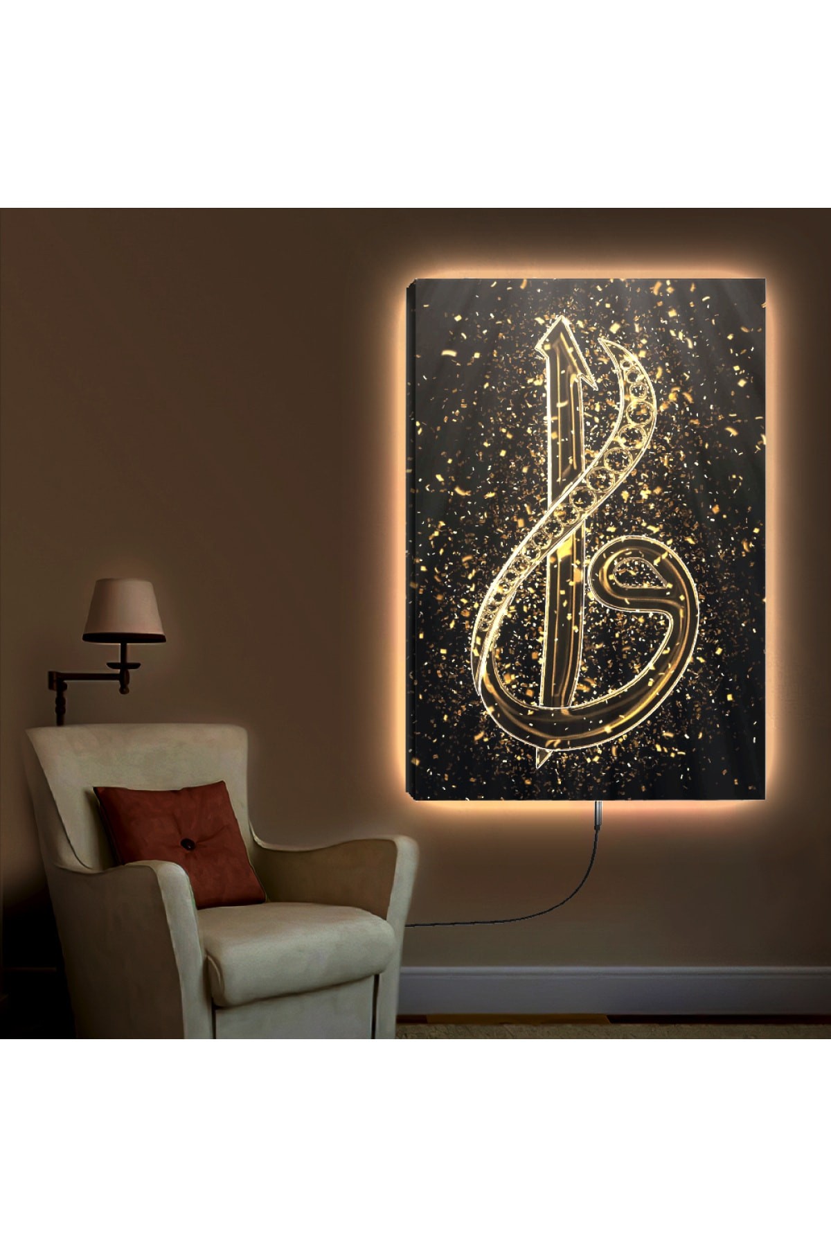Salon Tablosu Ledli Elif Dini Ahşap Şase Dijital Baskı Kanvas Tablo 90X60Cm