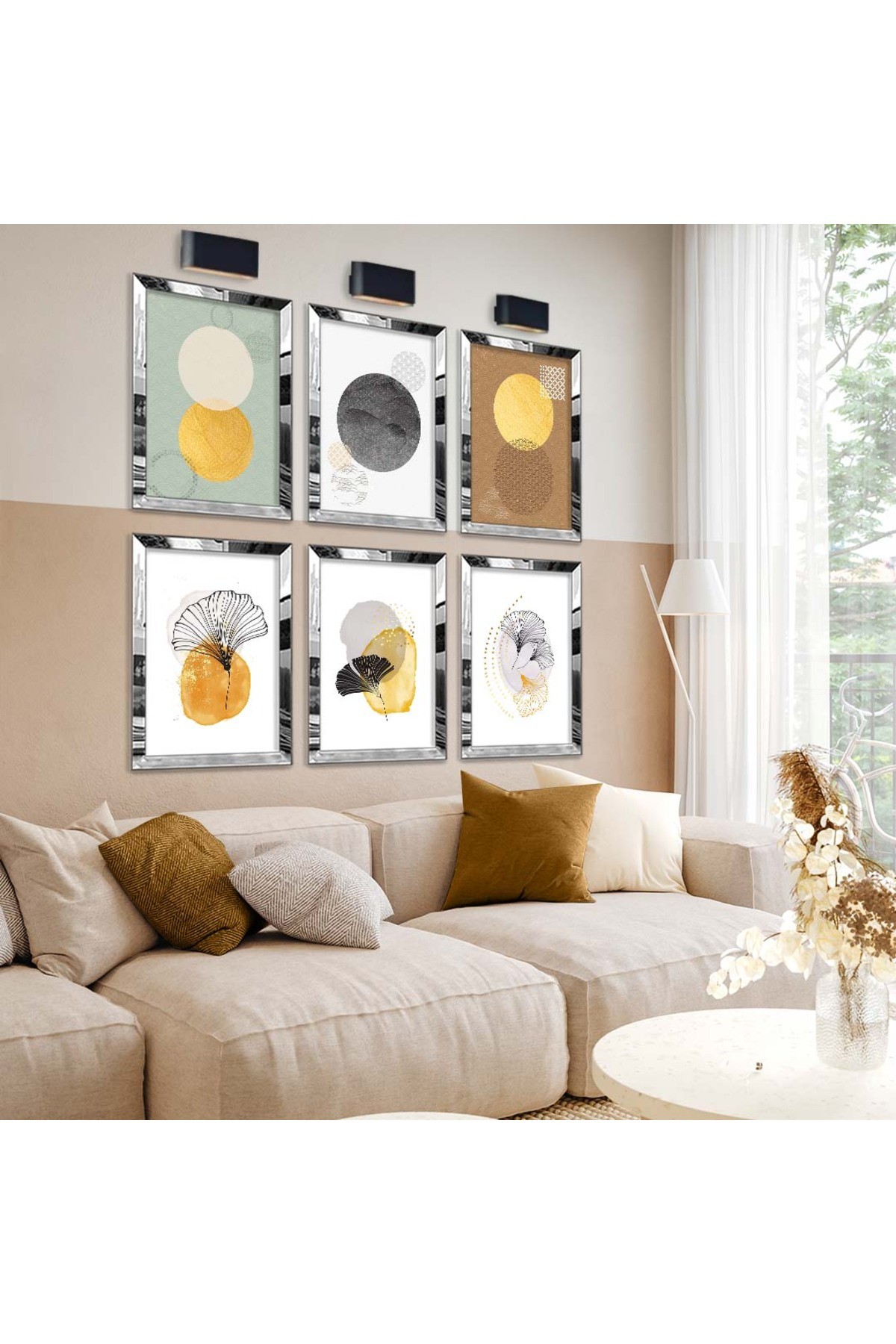 Geometrik Çizim Ve Çiçek Desen 6'Lı Pleksi Kenar Solmaz MDF Tablo Seti