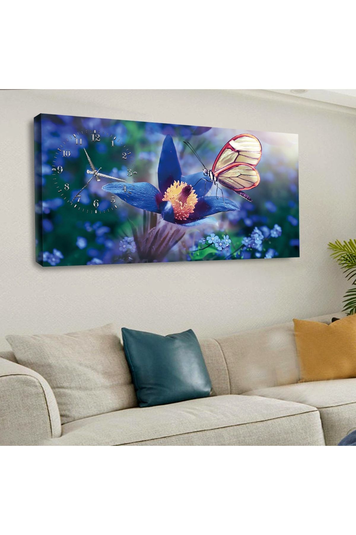 120 X 60 Saatli Kanvas Kelebek Tablo