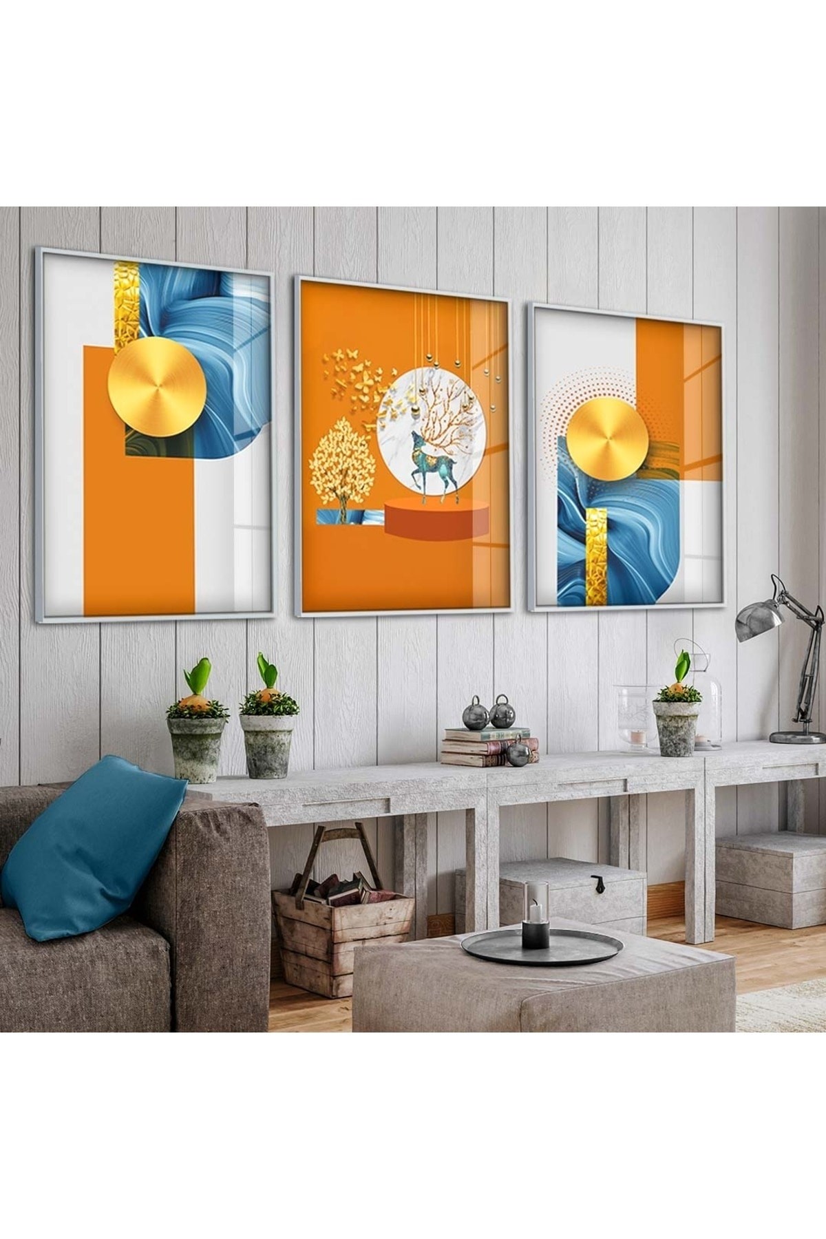 Duvar Sanatı Huzur Minimalist Soyut Desen 3'Lü Metal Çerçeveli UV Baskı Kırılmaz Cam Tablo
