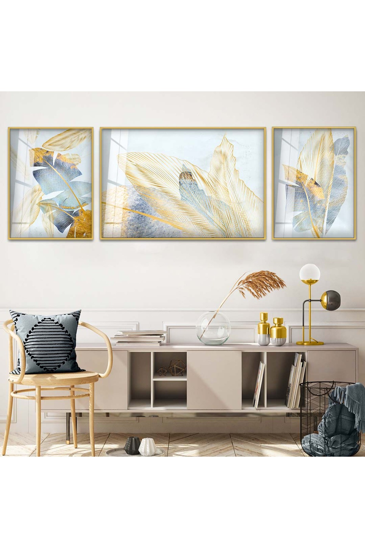 Minimal Huzur Çizim Soyut Desen 3'Lü Metal Çerçeveli UV Baskı Kırılmaz Cam Tablo