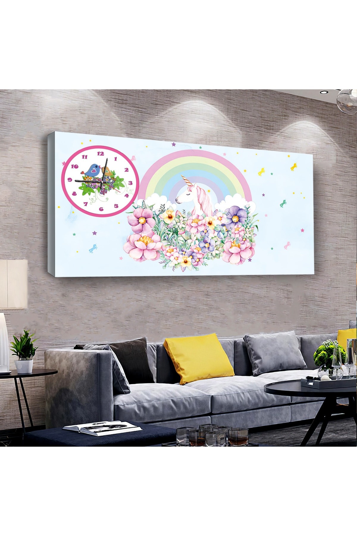 Huzur Kız Çocuğu Odası saatliAhşap Şase Dijital Baskı Kanvas Tablo 100X50Cm
