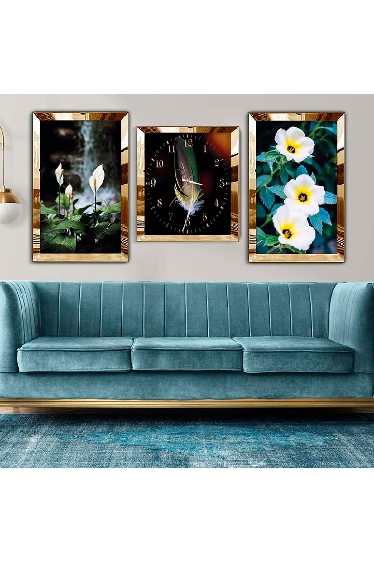Oturma Odası Tablosu Minimalist Gold Pleksi Kenar 3'Lü MDF Tablo Saat Seti