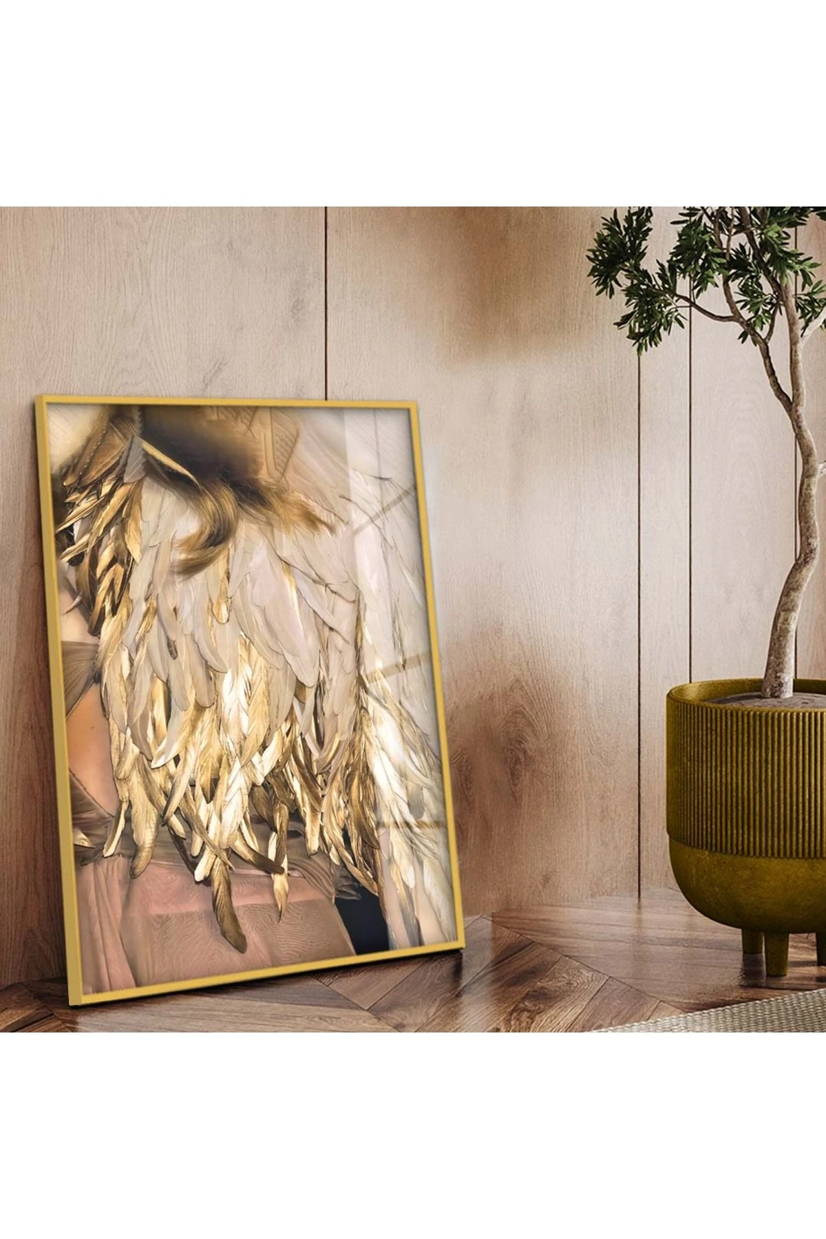 Gold Metal Çerçeveli Modern Çizim Soyut Tema Kırılmaz Cam Tablo