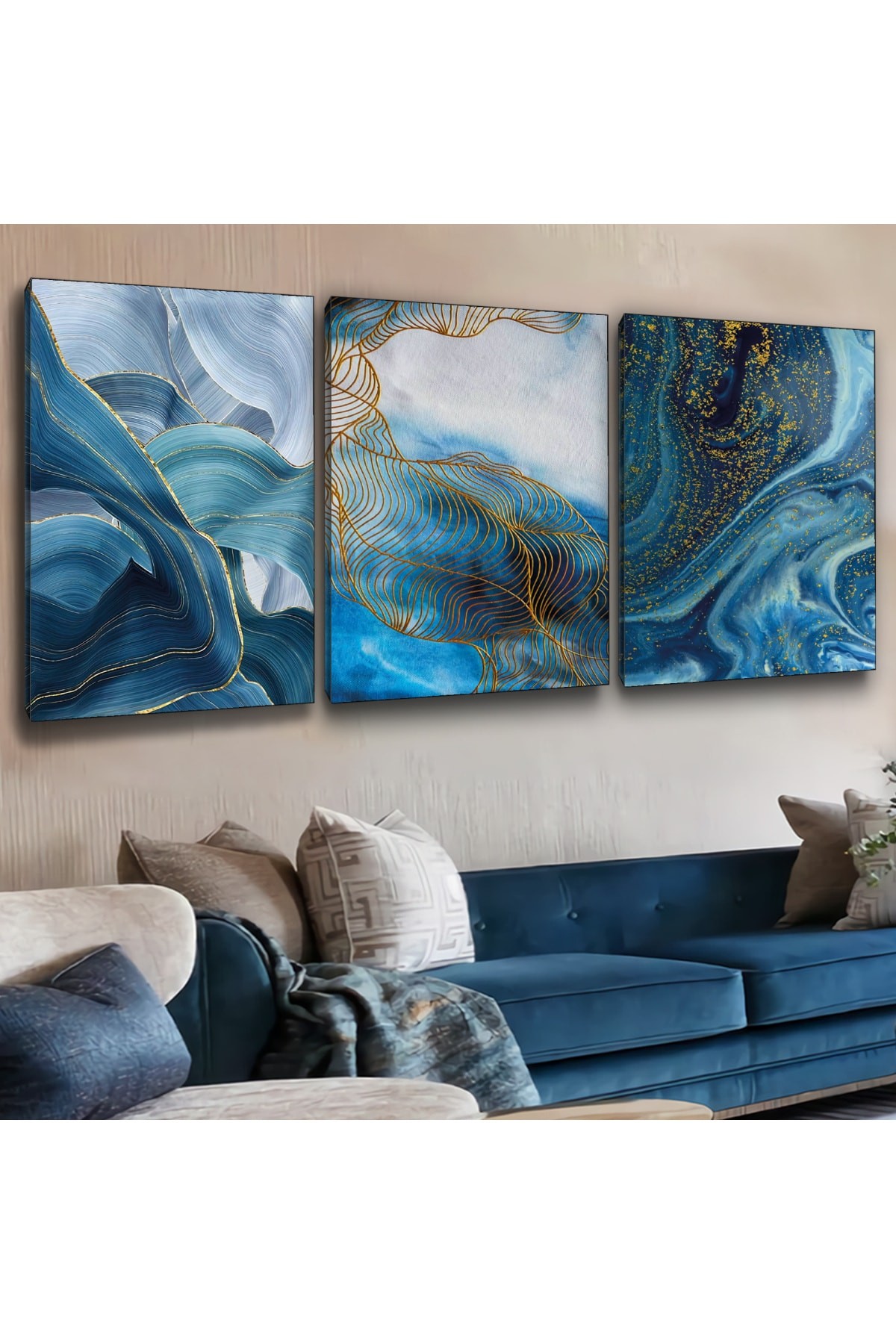 3'Lü Ahşap Şase Dijital Baskı Kanvas Movi Renkli Modern Tablo 90X60Cm