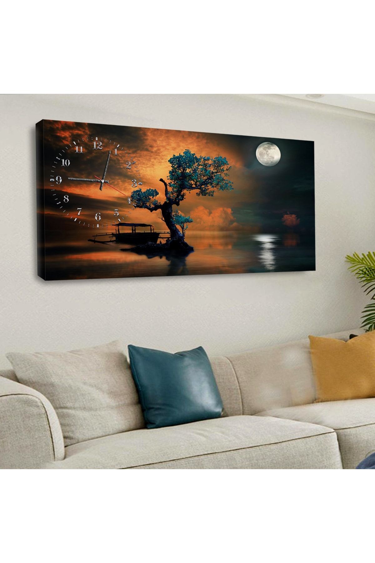 120 X 60 Saatli Kanvas Dolunay Tablo