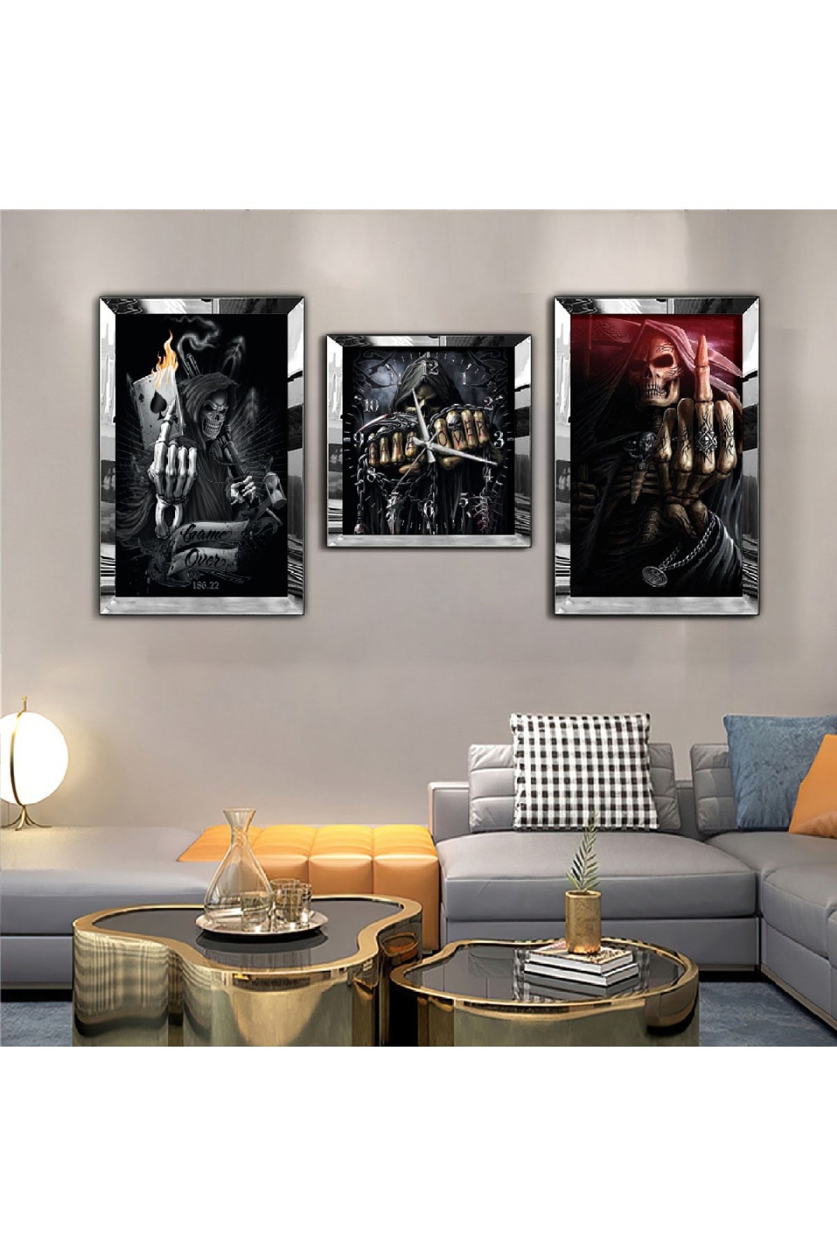 Sanat Tablosu Ölüm Meleği Aynalı Gold Pleksi Çerçeveli MDF Tablo Ve Saat Seti