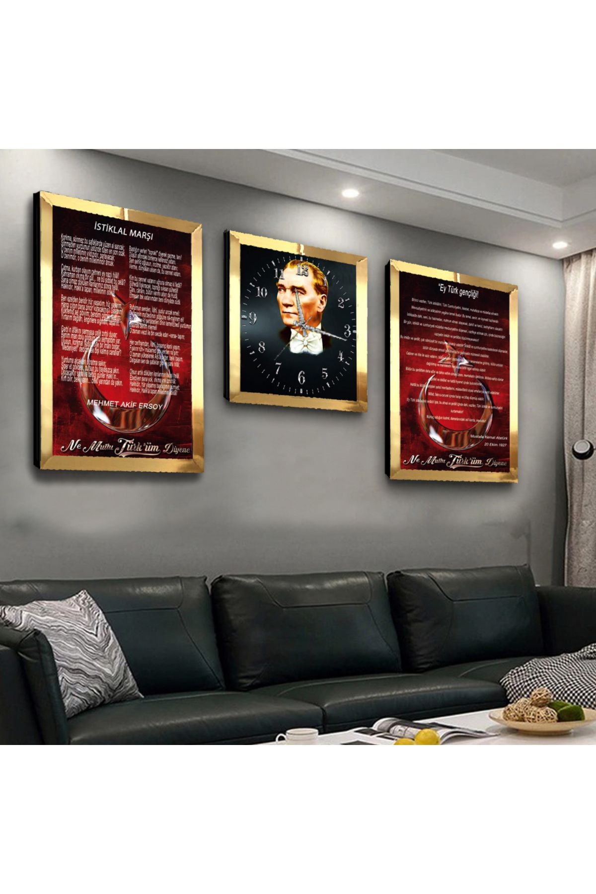 Renkli Mustafa Kemal Atatürk Aynalı Gold Pleksi Çerçeveli MDF Tablo Ve Saat Seti