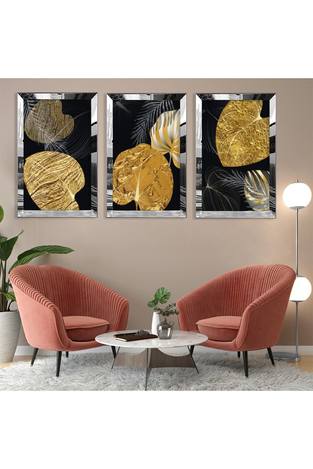 Altın Bitki Soyut Desen Gold Pleksi Kenar Üçlü Mdf Tablo Seti Ve Saat Seti