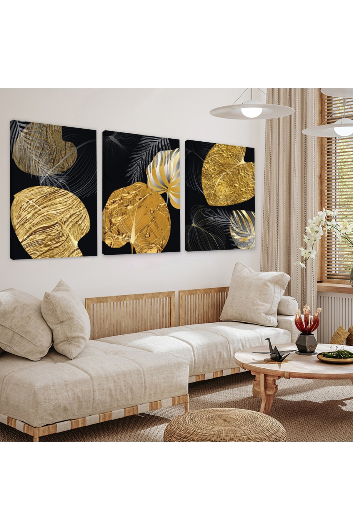 Minimal Altın Bitki Soyut Desen 3'Lü Ahşap Şase Dijital Baskı Kanvas Tablo