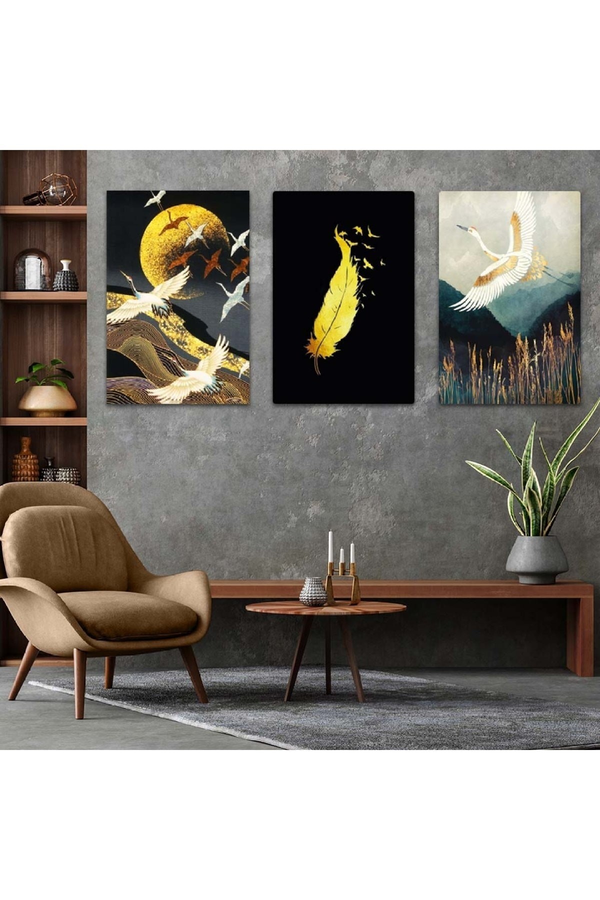 Minimalist Modern Çizim 3'Lü Solmaz MDF Tablo Set