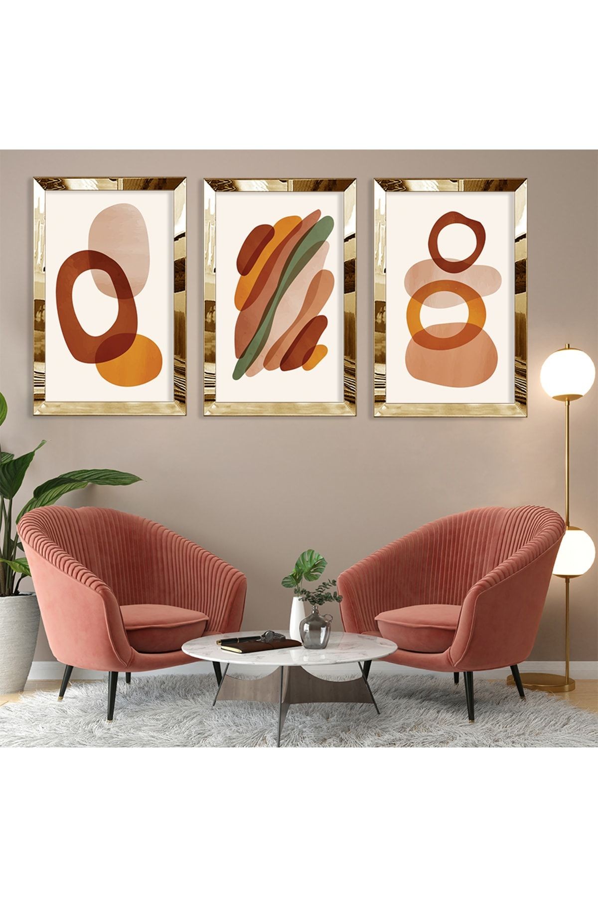 Minimalist Soyut Desen Gold Pleksi Kenar Üçlü Mdf Tablo Seti