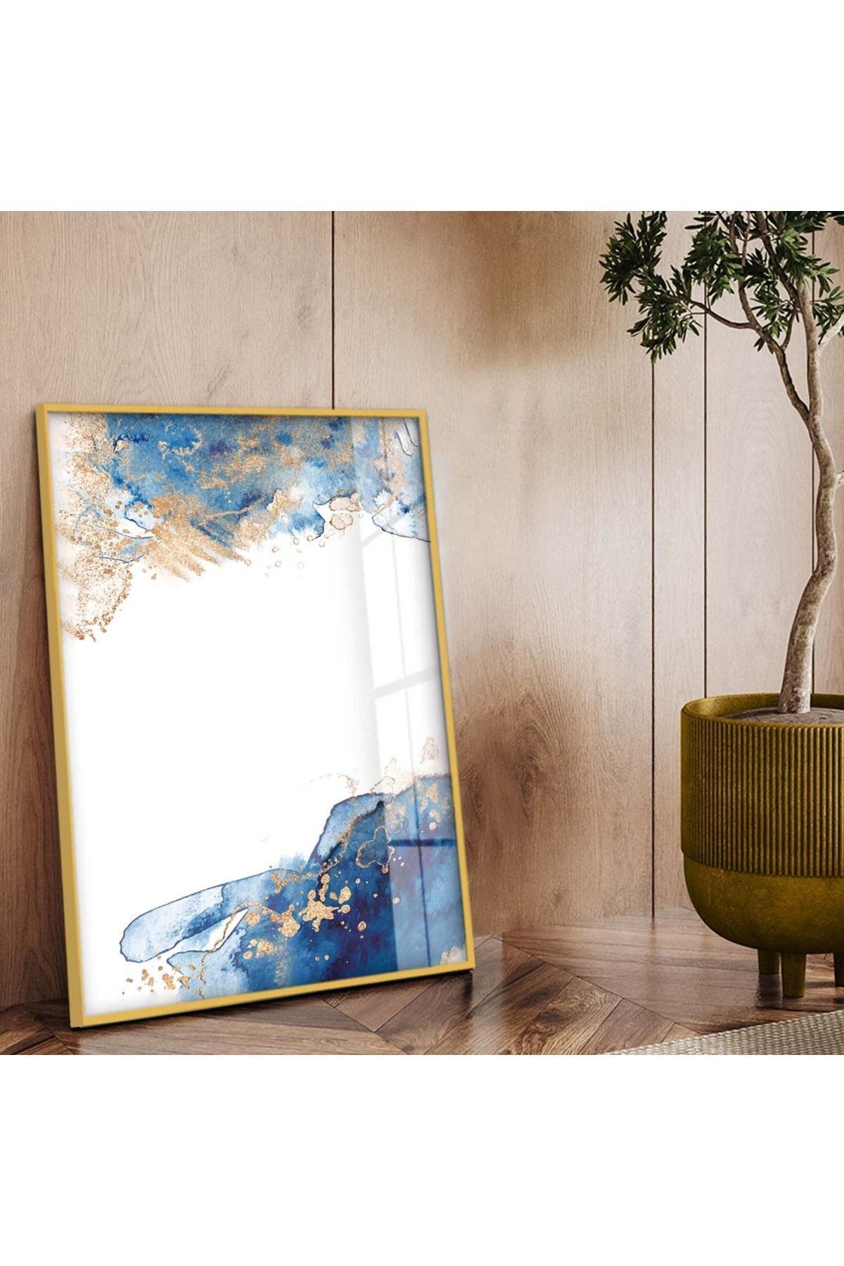 Gold Metal Çerçeveli Soyut Tema Modern Çizim Kırılmaz Cam Tablo