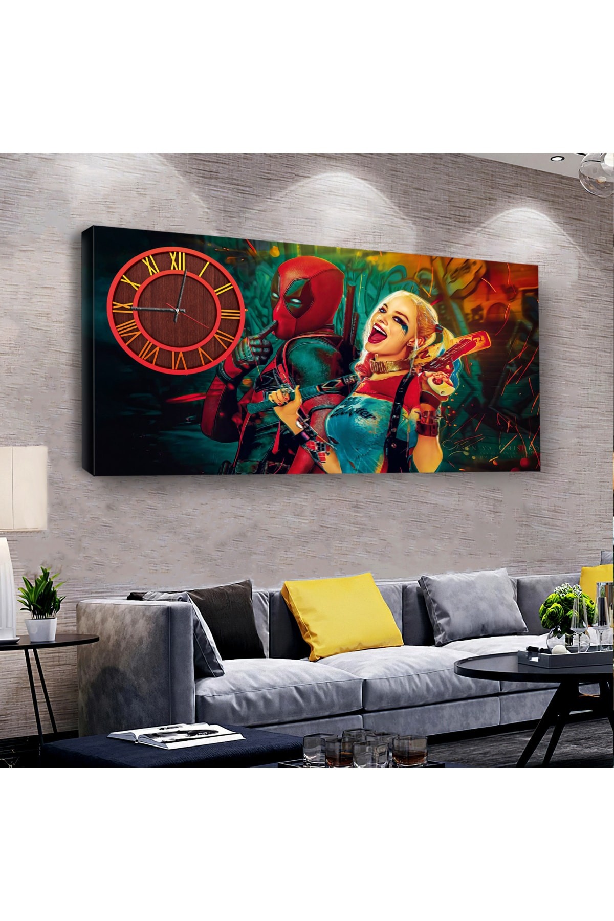 Oturma Odası Tablosu Harley Quin saatliDijital Baskı Kanvas Tablo 120X60Cm