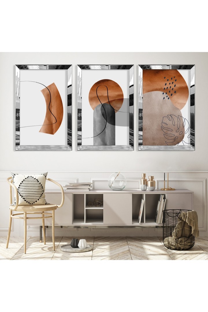 Özel Tasarım Minimalist Soyut Desen Gold Pleksi Kenar 3'Lü Solmaz MDF Tablo