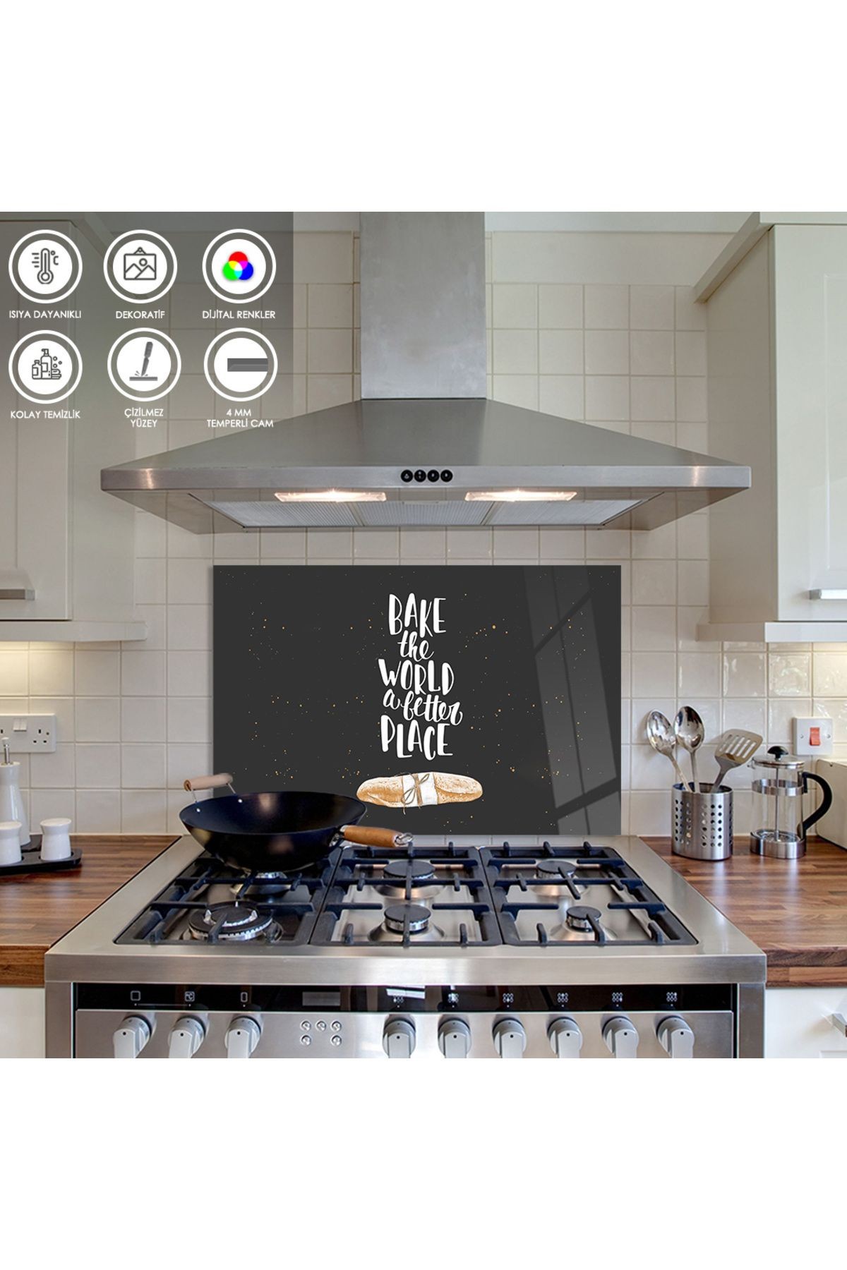 Ocak Arkası Temperli Cam "Bake The World A Better Place" Yazılı
