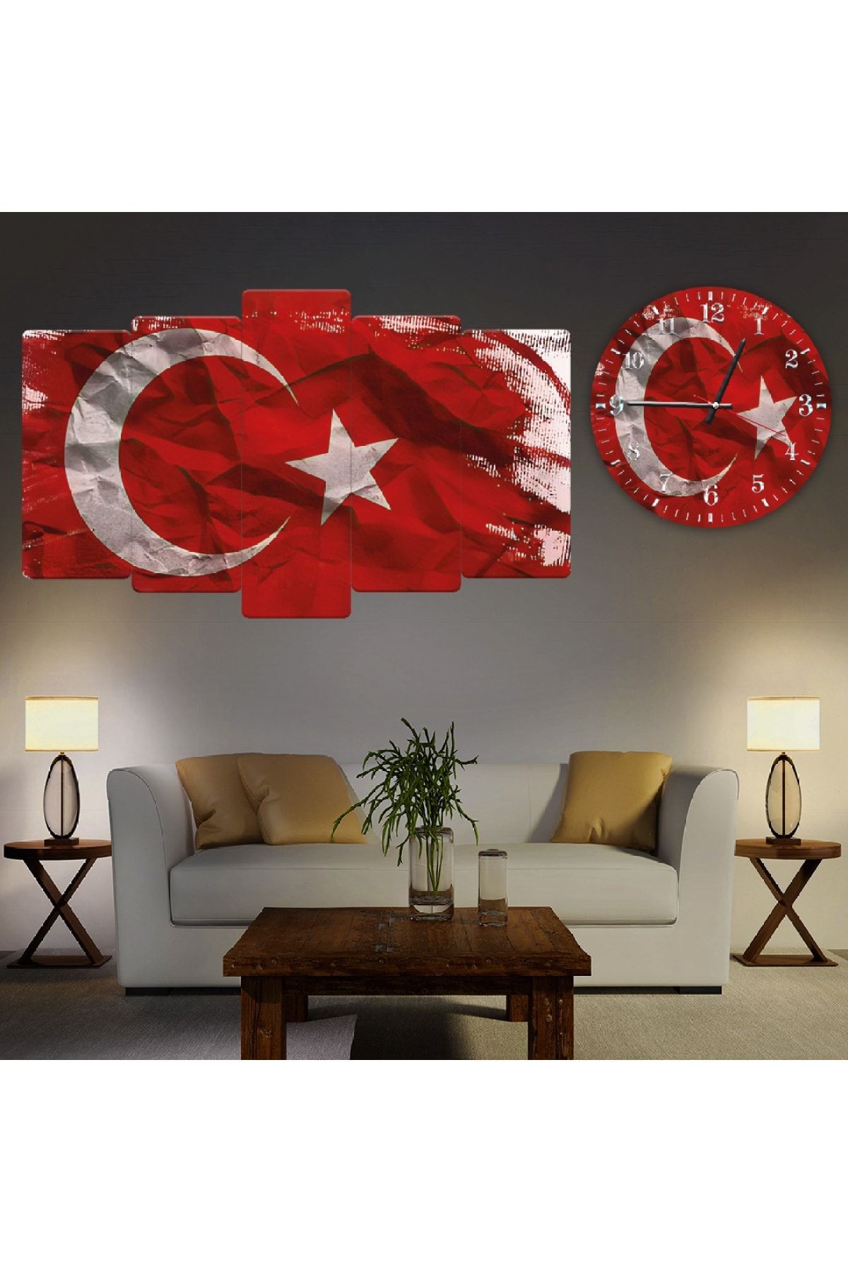 Altılı Mdf Türk Bayrağı Saatli Tablo Seti