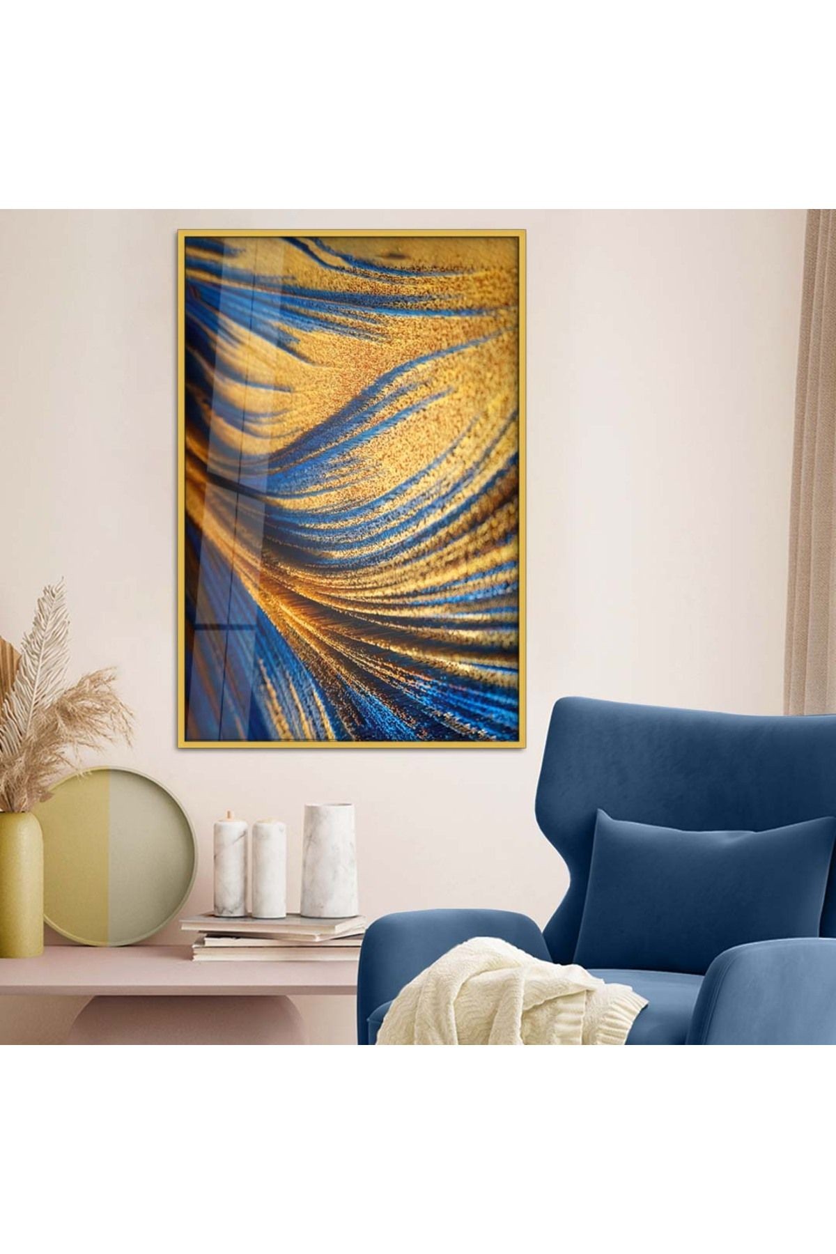 Gold Metal Çerçeveli Modern Çizim Soyut Tema Kırılmaz Cam Tablo