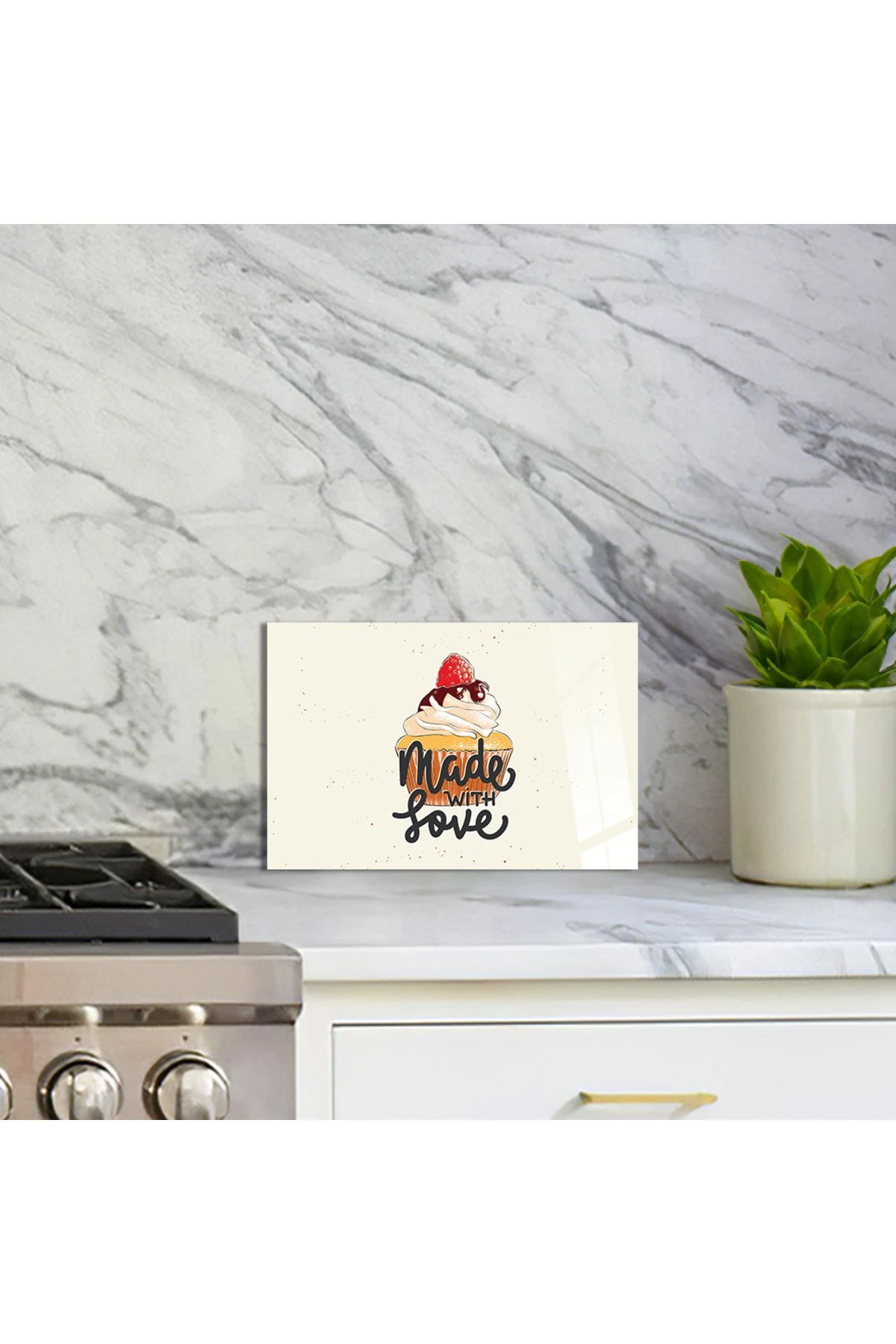 Cam Kesme Tahtası Cupcake Çizimli "Made With Love" Yazılı