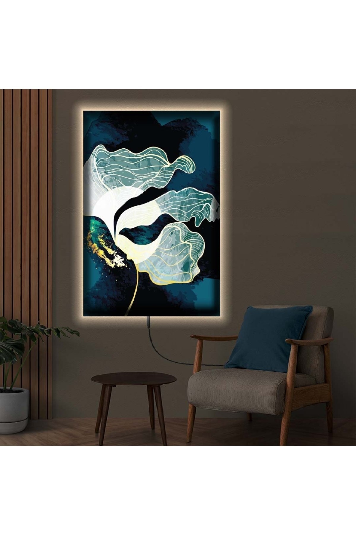 Renkli Ledli Soyut Çizim Ahşap Şase Dijital Baskı Kanvas Tablo 90X60Cm