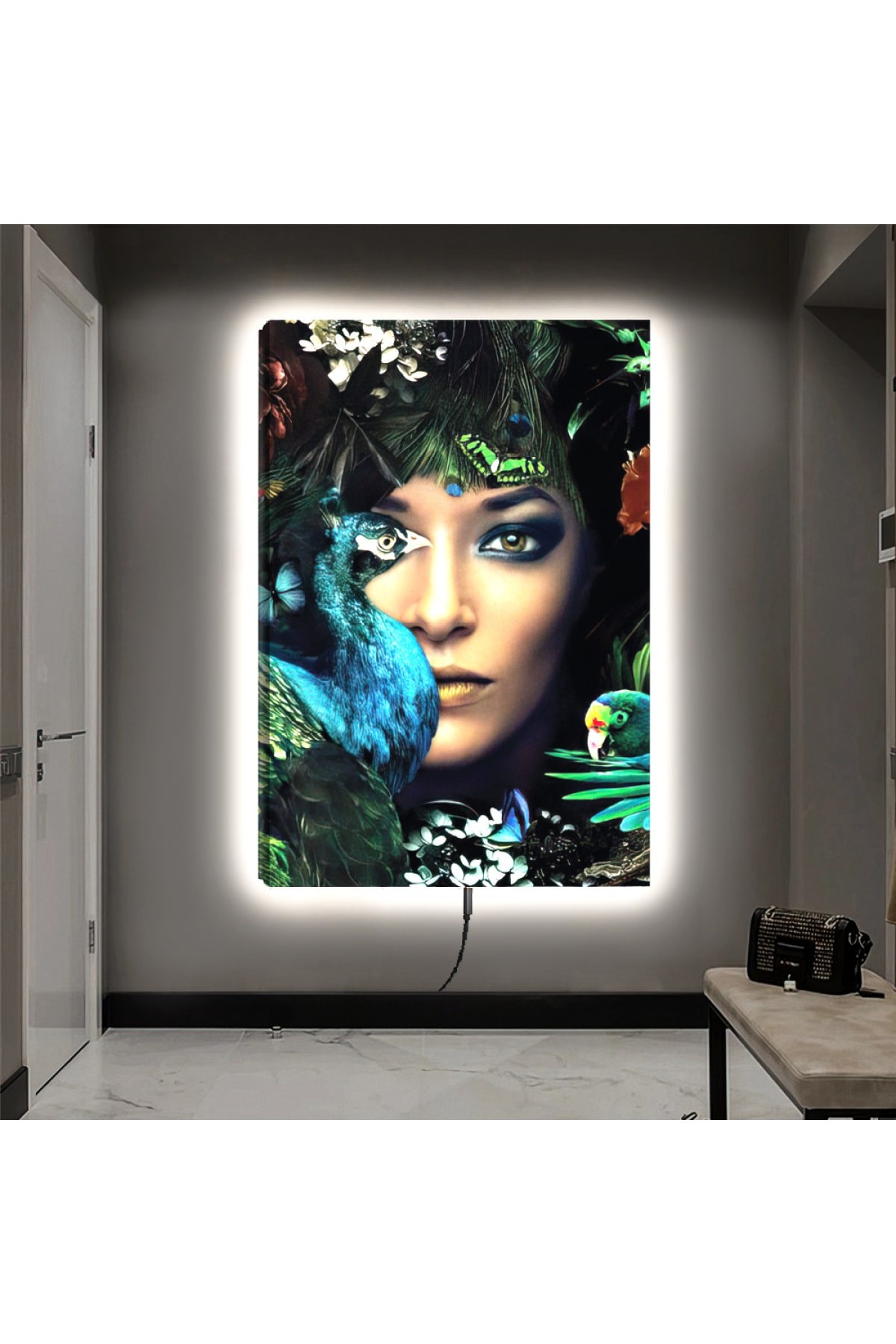 Renkli Ledli Genç Kadın Ahşap Şase Dijital Baskı Kanvas Tablo 90X60Cm