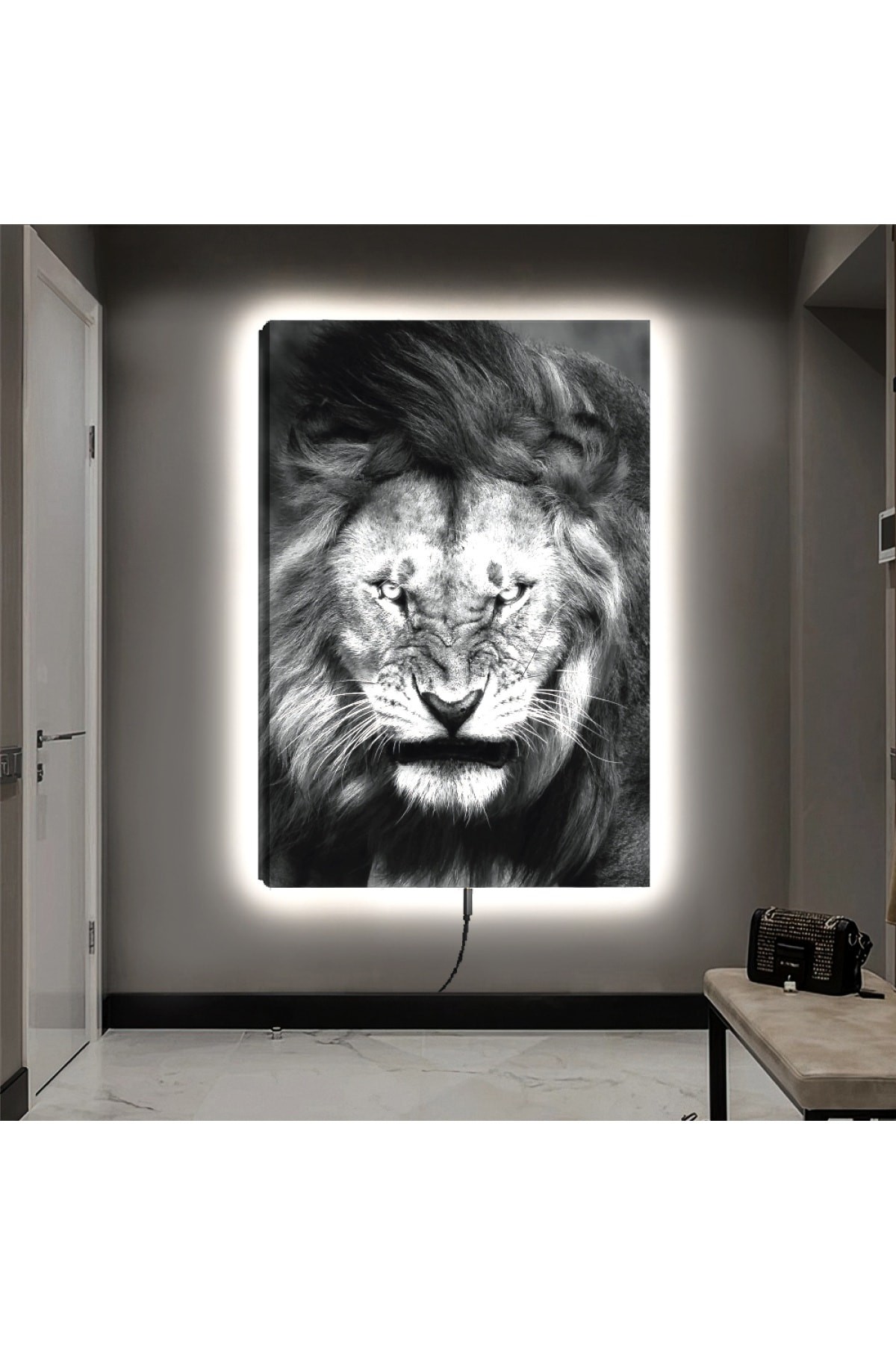 KANVAS SİYAH ARKA PLANLI SİYAH BEYAZ SİNİRLİ ASLAN LEDLİ TABLO