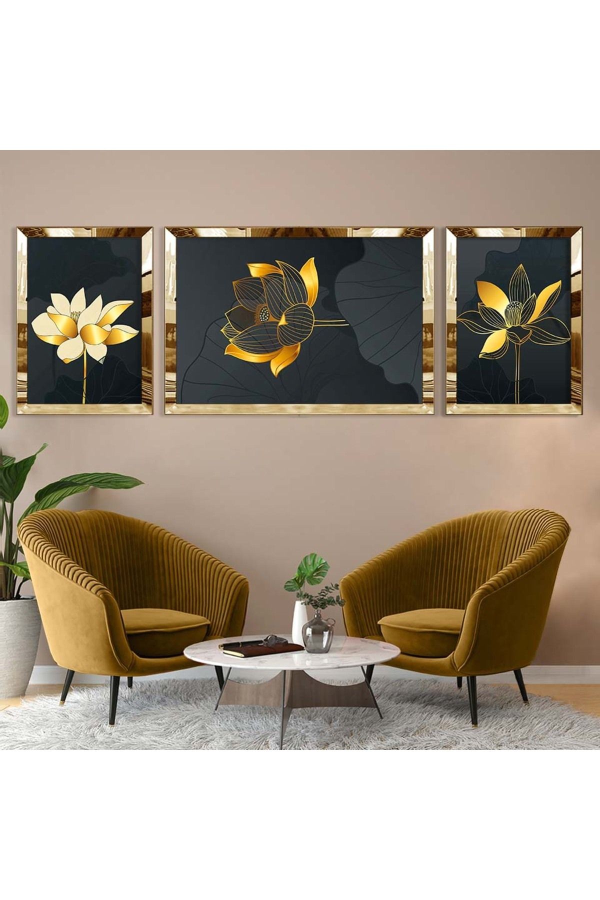 Gold Aynalı Pleksi Çerçeveli Üçlü Siyah Arka Planlı Çiçek Desenli Mdf Tablo Seti