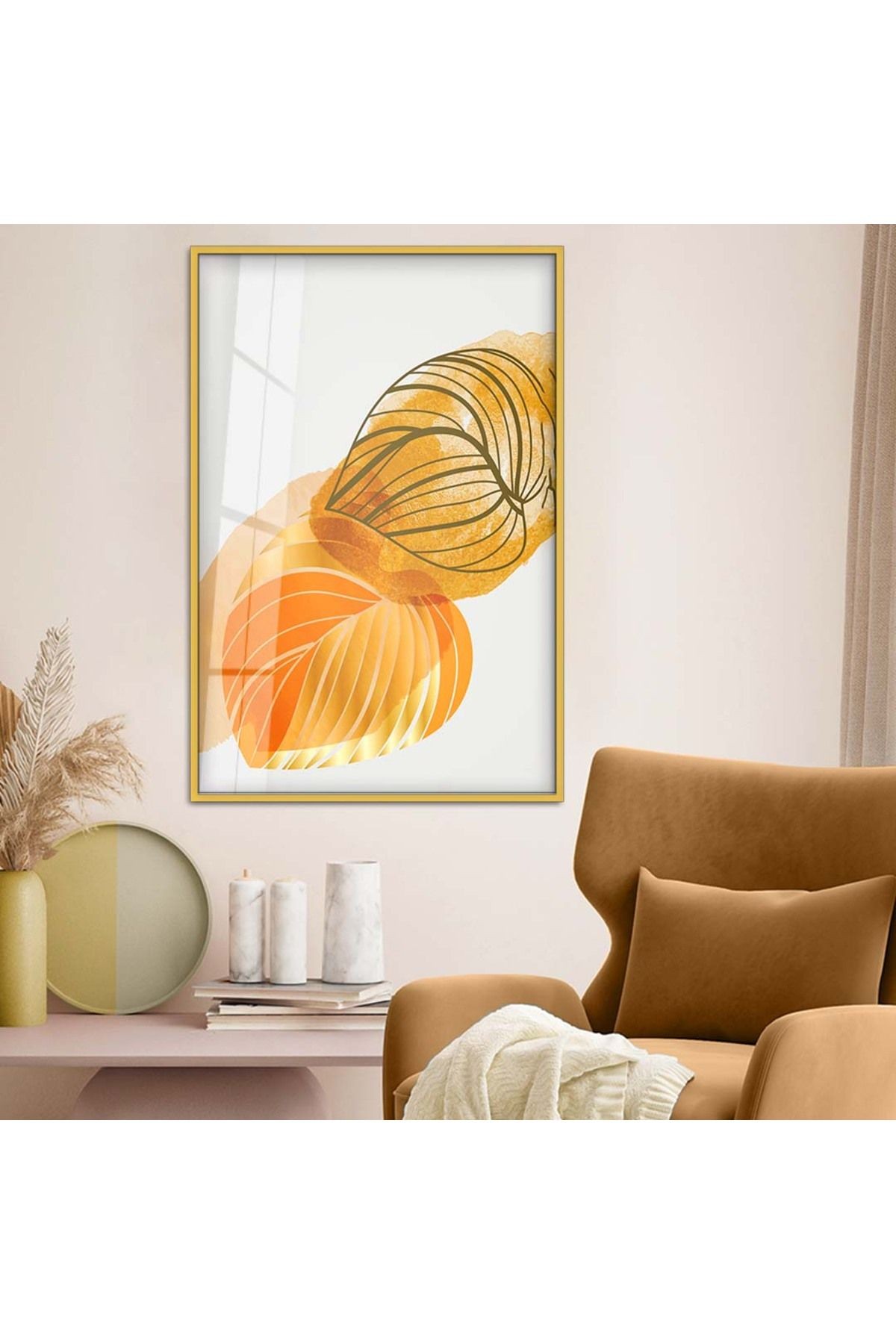 Gold Metal Çerçeveli Kolaj Çizim Modern Tema Kırılmaz Cam Tablo