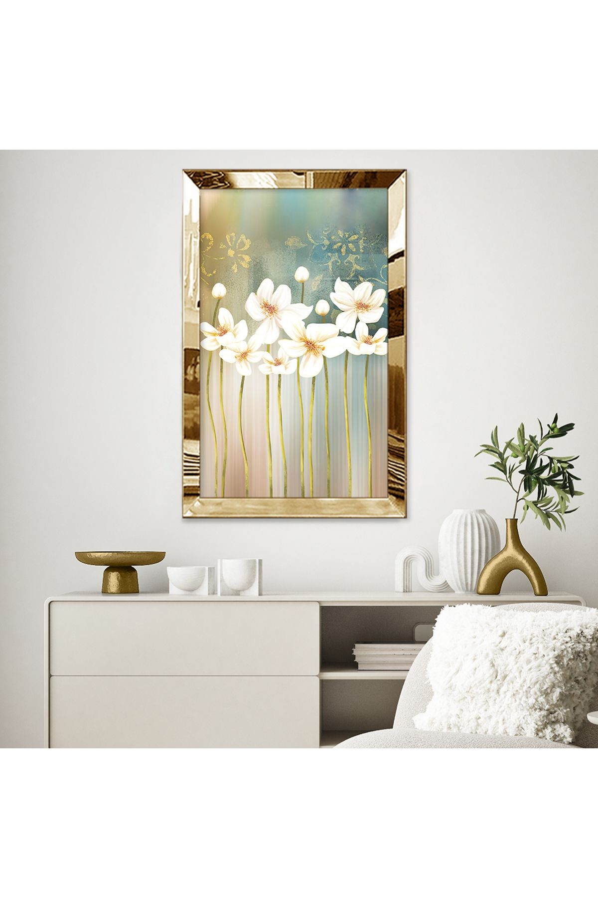 Gold Aynalı Pleksi Çerçeveli Modern Altın Sarısı Beyaz Çiçek Desenlili Soyut Çizim Mdf Tablo