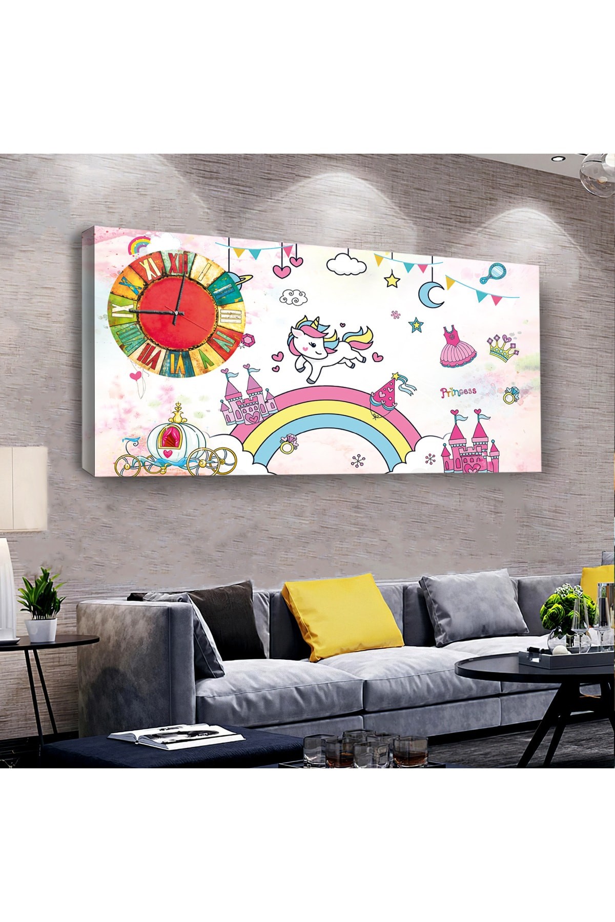 Minimalist Kız Çocuğu Odası saatliAhşap Şase Dijital Baskı Kanvas Tablo 100X50Cm